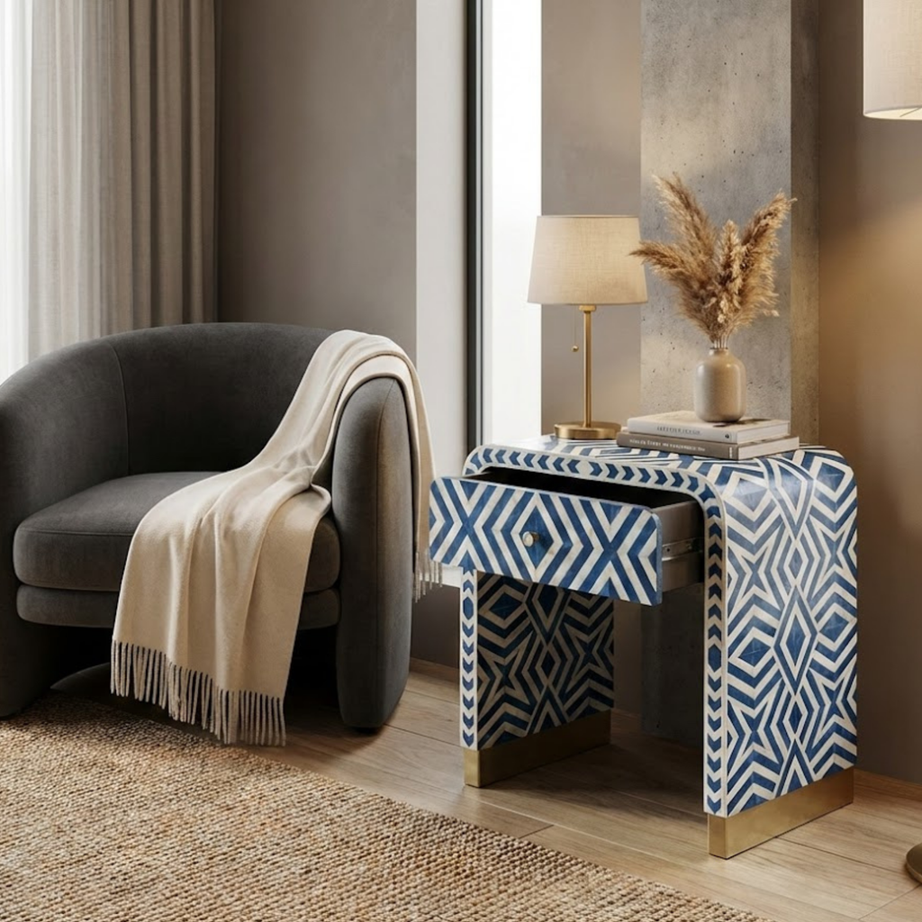 Handcrafted Bone Inlay & Resin End Table | Modern Geometric Nightstand | Luxury Decor | Designer Furniture