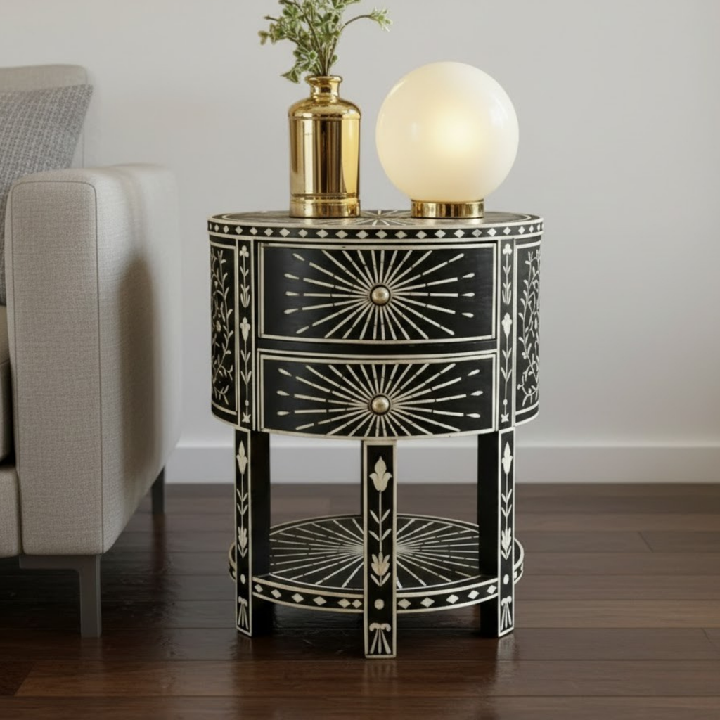Black Bone Inlay End Table | Handmade Resin Side Table | Luxury Home Decor Accent Furniture