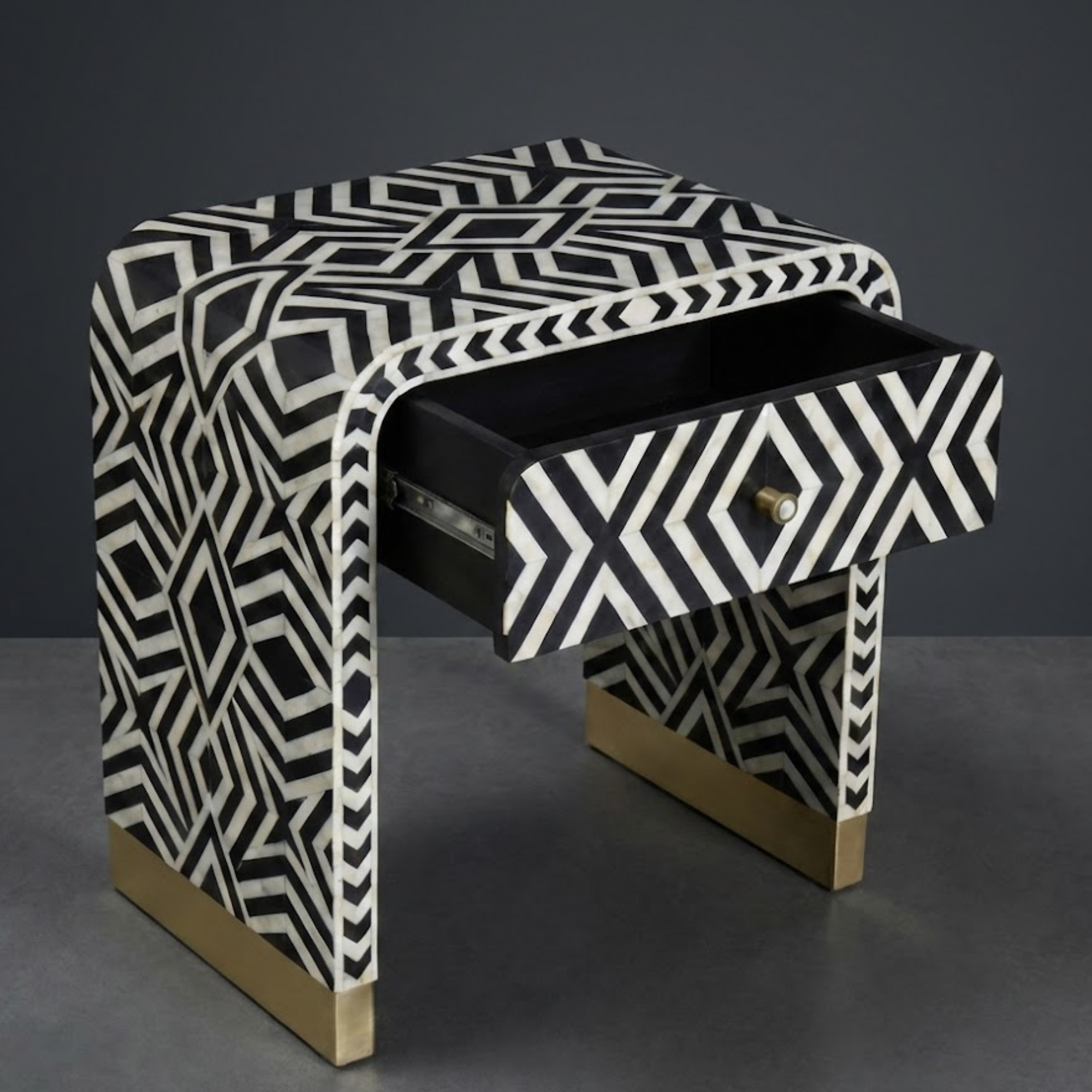 Handcrafted Bone Inlay & Resin End Table | Modern Geometric Nightstand | Luxury Decor | Designer Furniture