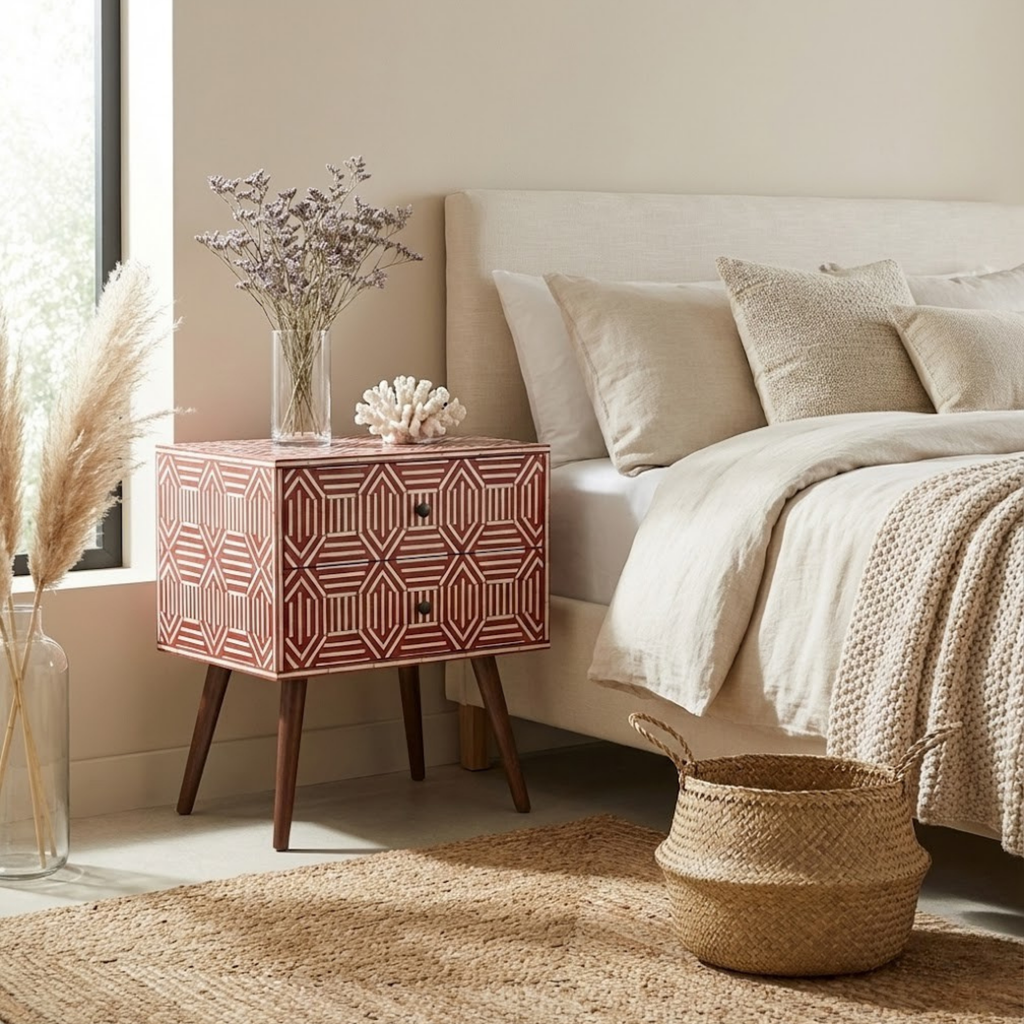 Handcrafted Bone Inlay & Resin Nightstand | Luxury Bedside End Table | Artisan Furniture | Elegant Decor