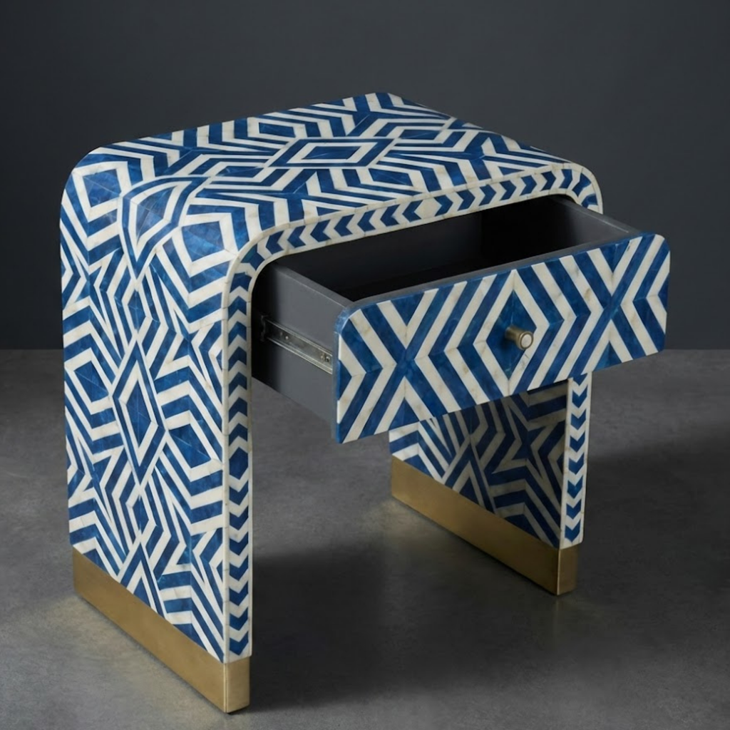 Handcrafted Bone Inlay & Resin End Table | Modern Geometric Nightstand | Luxury Decor | Designer Furniture