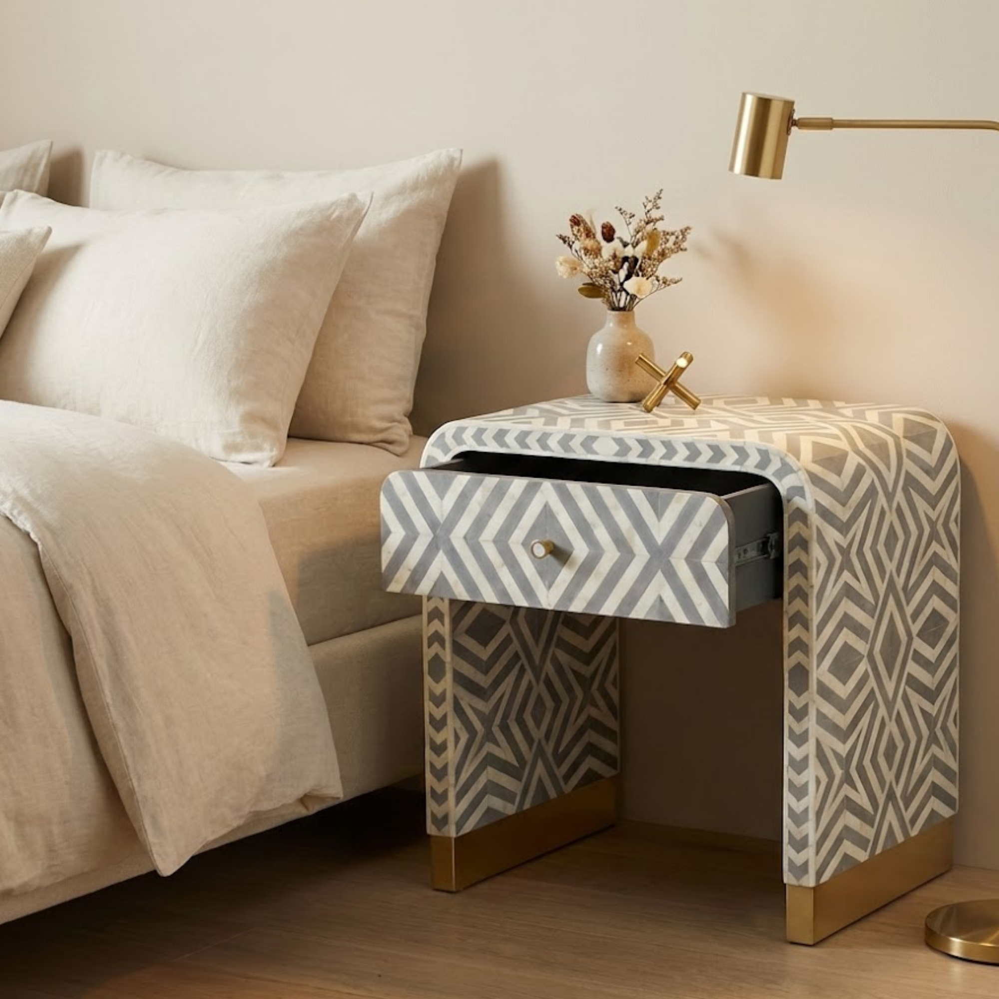 Handcrafted Bone Inlay & Resin End Table | Modern Geometric Nightstand | Luxury Decor | Designer Furniture