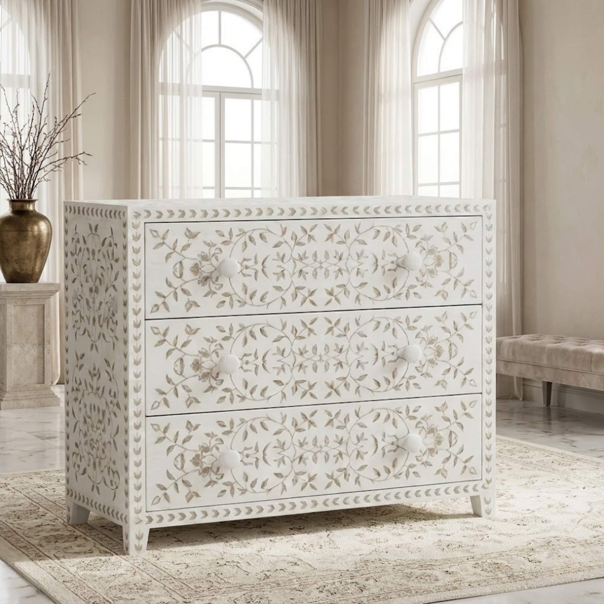 Handmade Mother of Pearl Inlay Dresser | Floral Resin Chest of Drawers