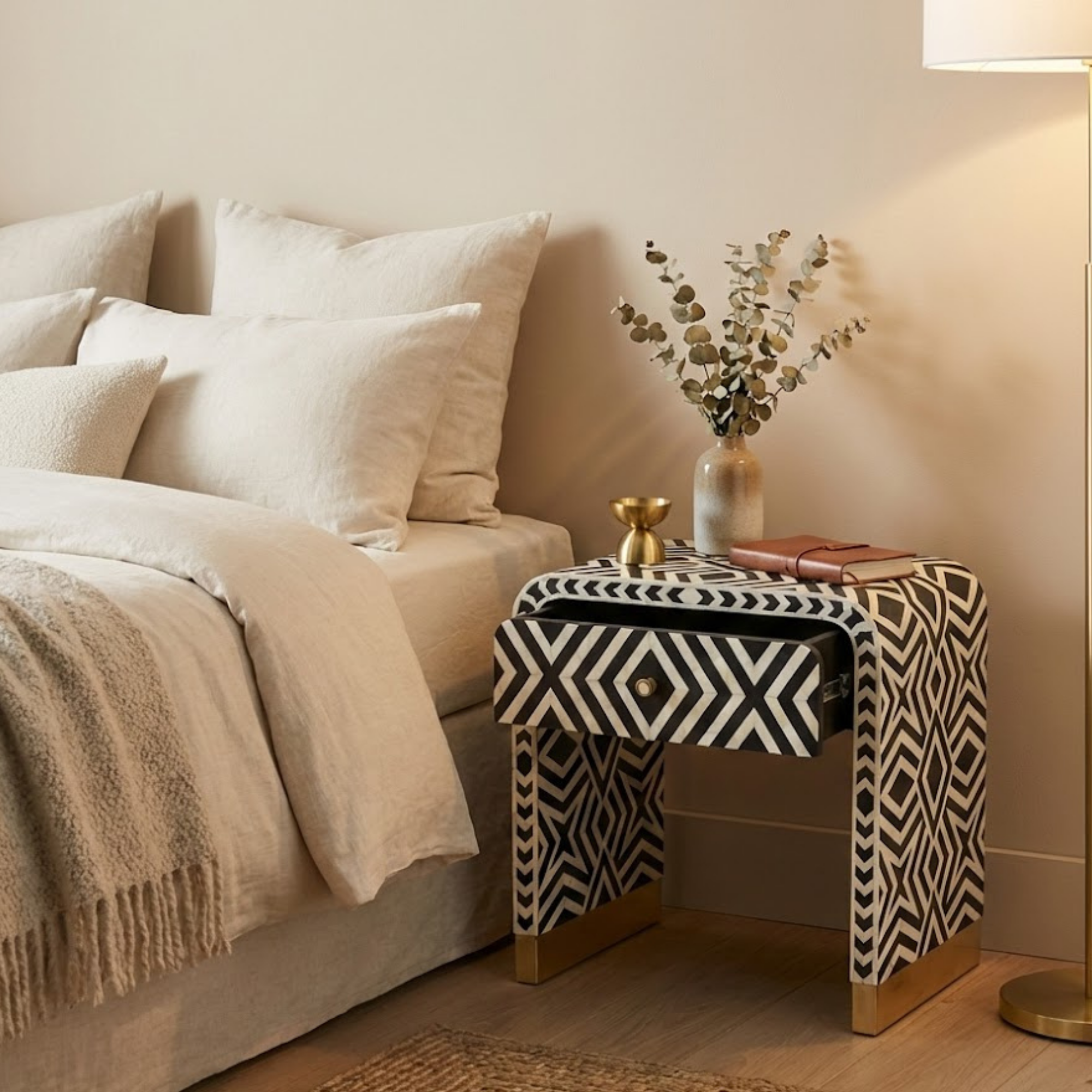 Handcrafted Bone Inlay & Resin End Table | Modern Geometric Nightstand | Luxury Decor | Designer Furniture