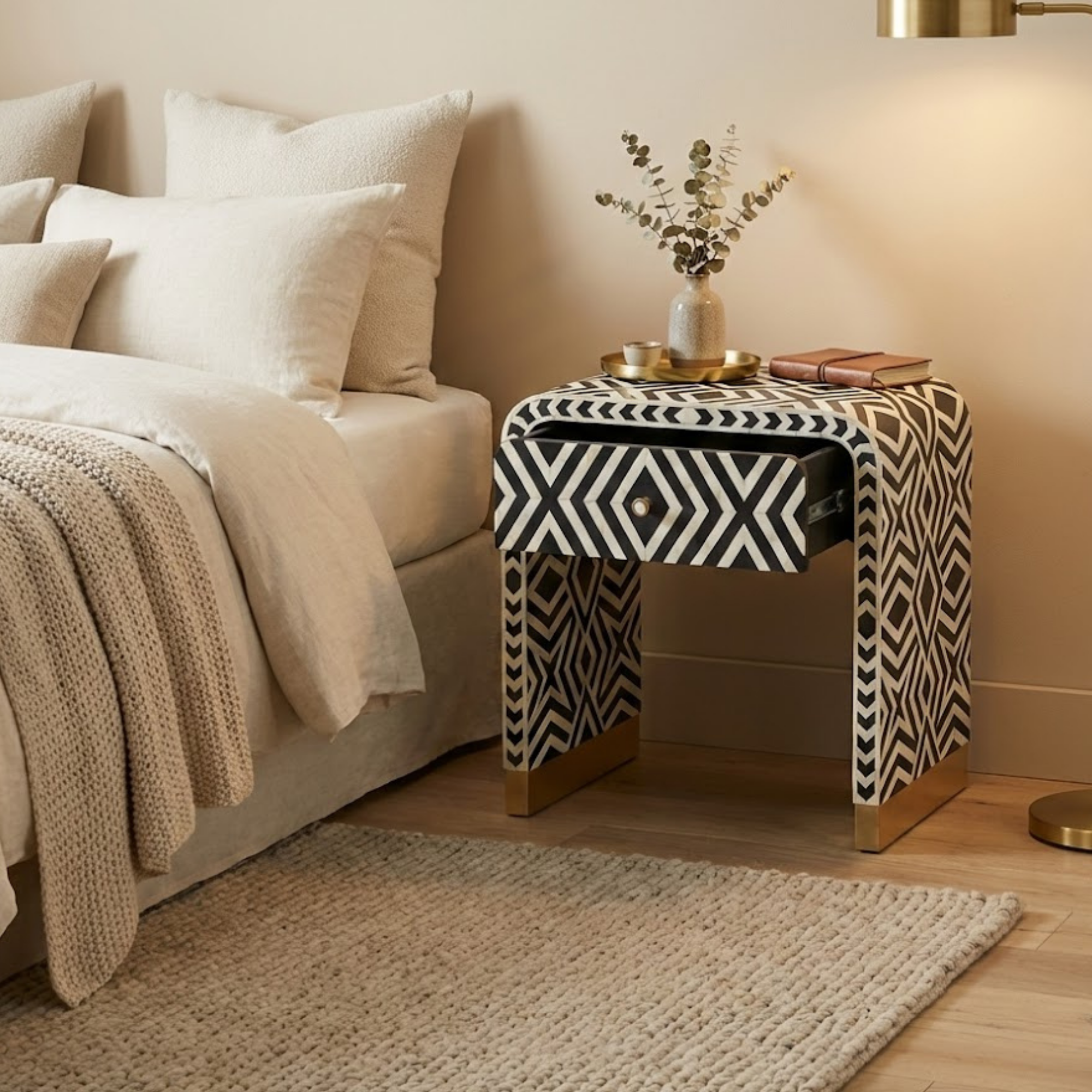 Handcrafted Bone Inlay & Resin End Table | Modern Geometric Nightstand | Luxury Decor | Designer Furniture