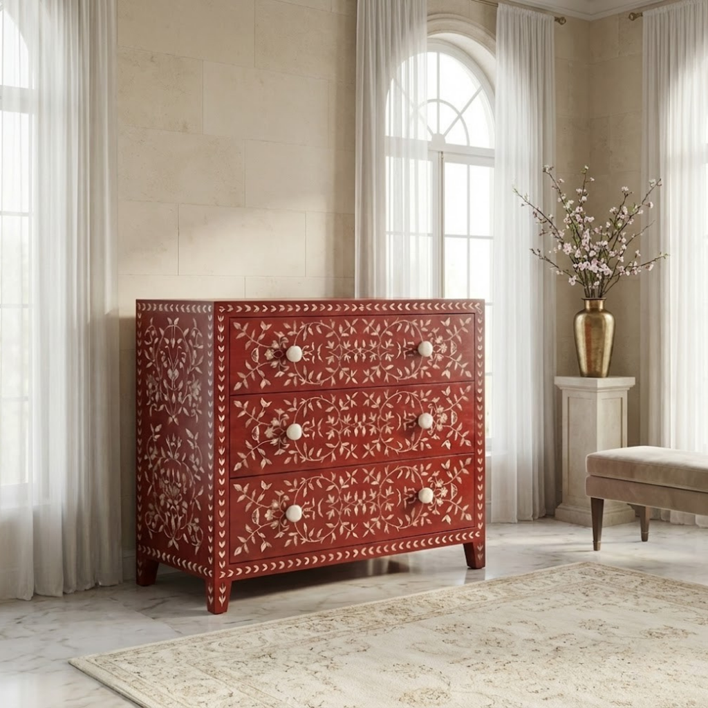 Handmade Mother of Pearl Inlay Dresser | Floral Resin Chest of Drawers
