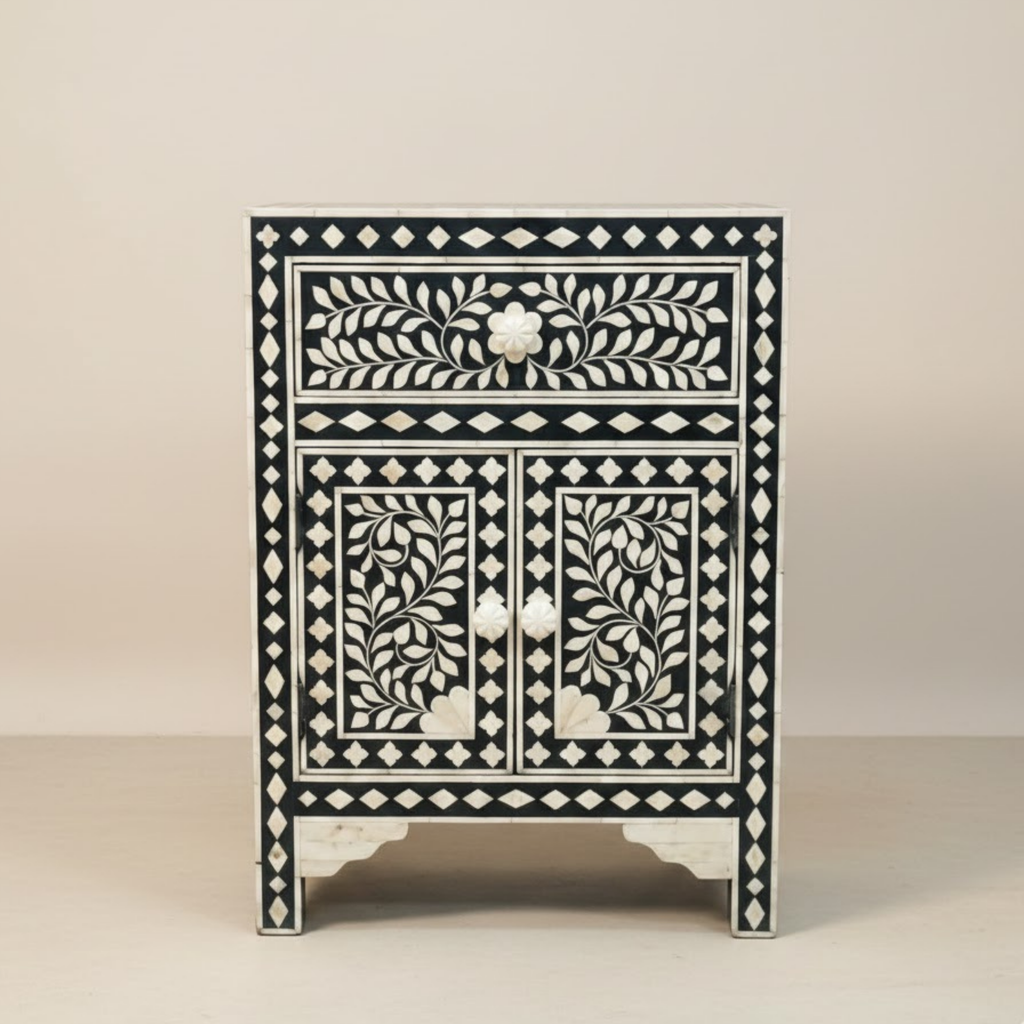 Floral Bone Inlay Nightstand: Handcrafted Moroccan Bedside Table