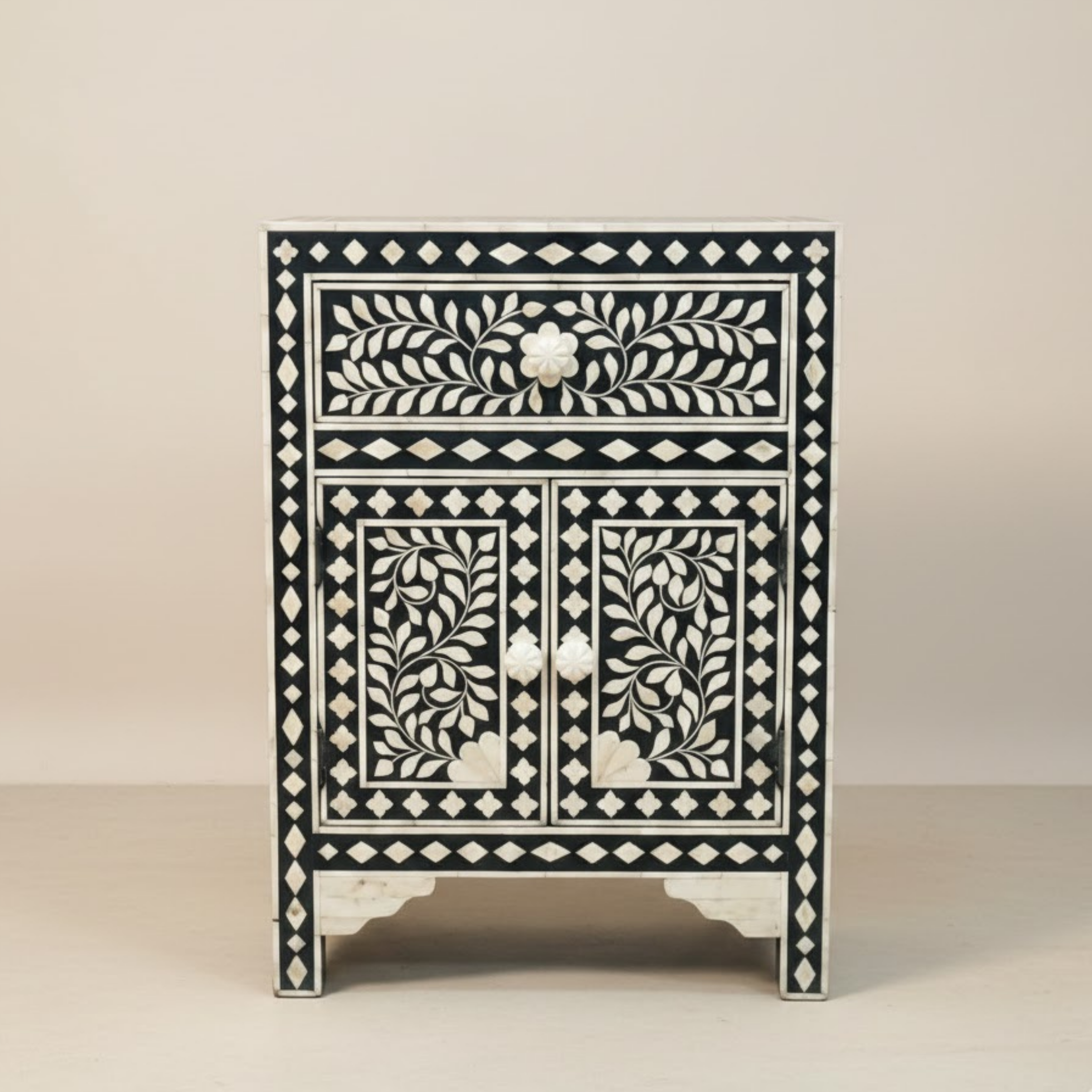Floral Bone Inlay Nightstand: Handcrafted Moroccan Bedside Table