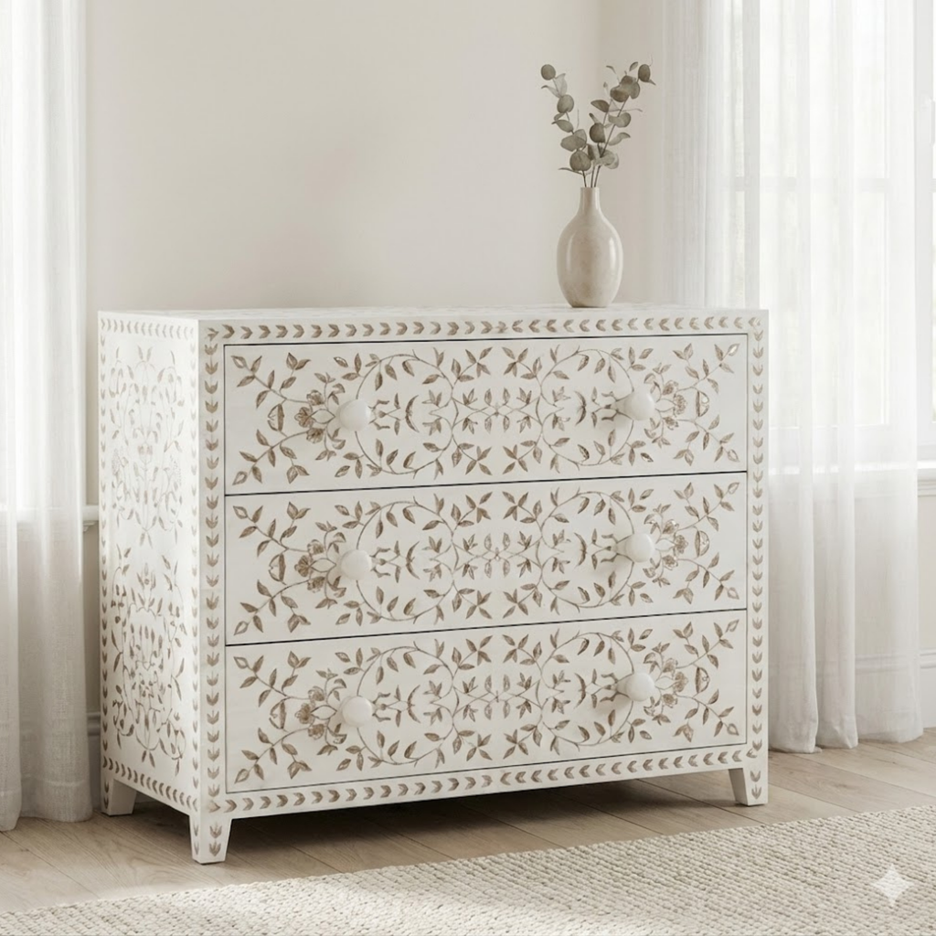 Handmade Mother of Pearl Inlay Dresser | Floral Resin Chest of Drawers