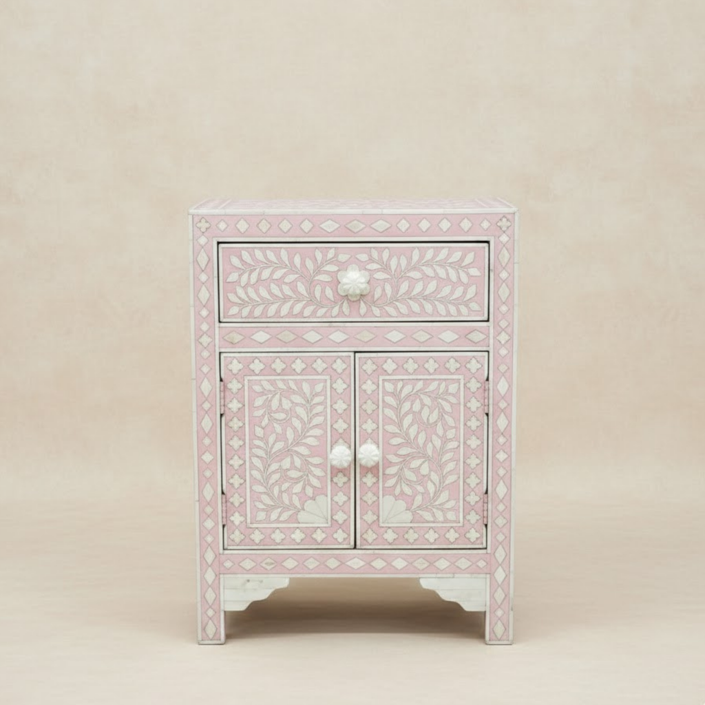 Floral Bone Inlay Nightstand: Handcrafted Moroccan Bedside Table