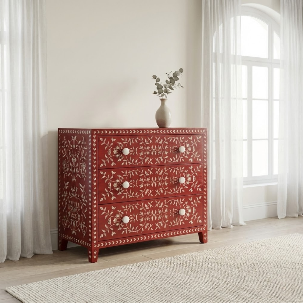 Handmade Mother of Pearl Inlay Dresser | Floral Resin Chest of Drawers