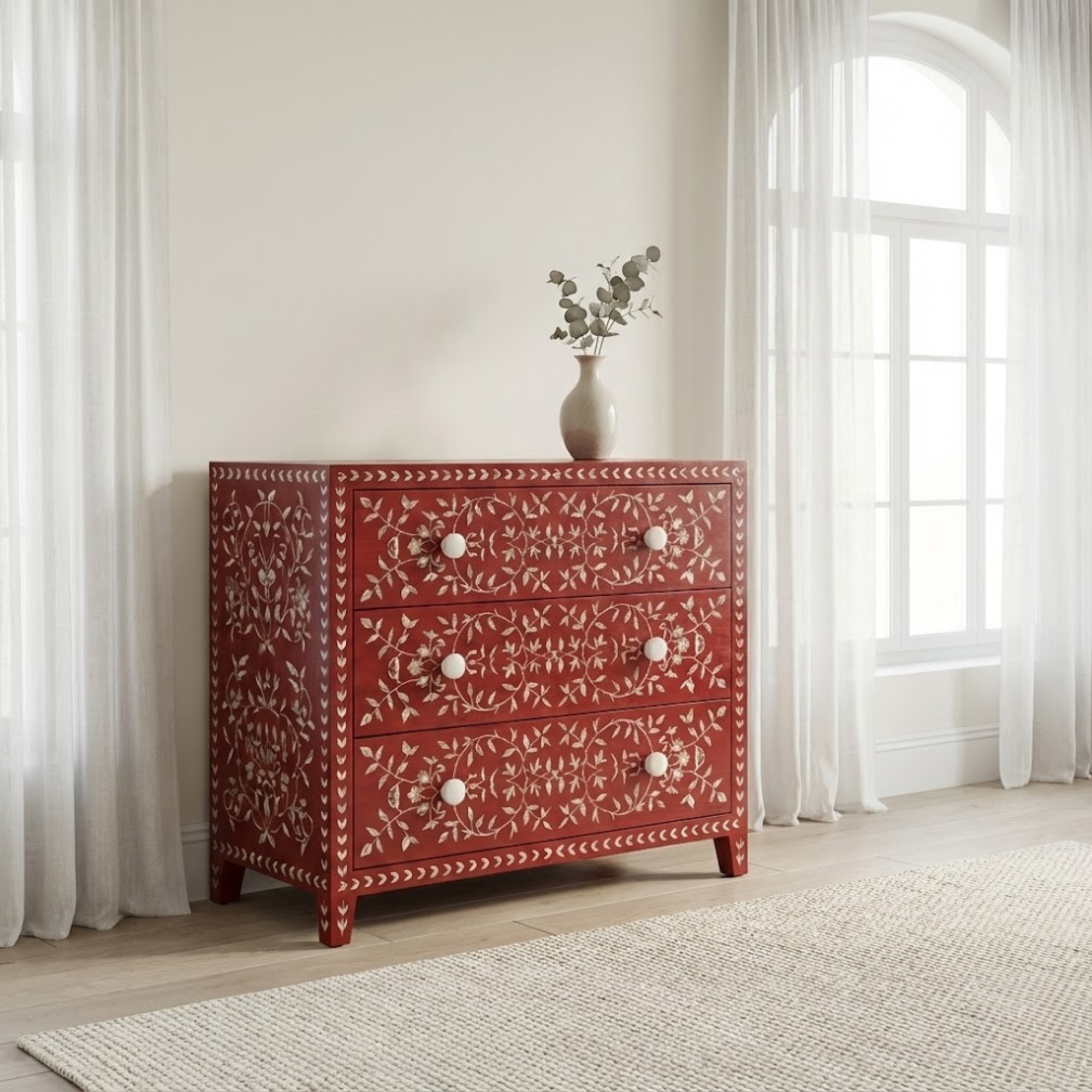 Handmade Mother of Pearl Inlay Dresser | Floral Resin Chest of Drawers