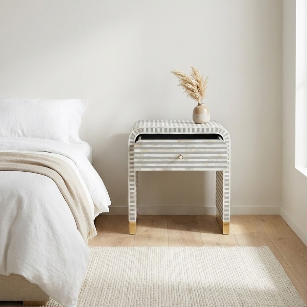 Handcrafted Bone Inlay & Resin End Table | Modern Stripe Nightstand | Luxury Decor | Designer Furniture