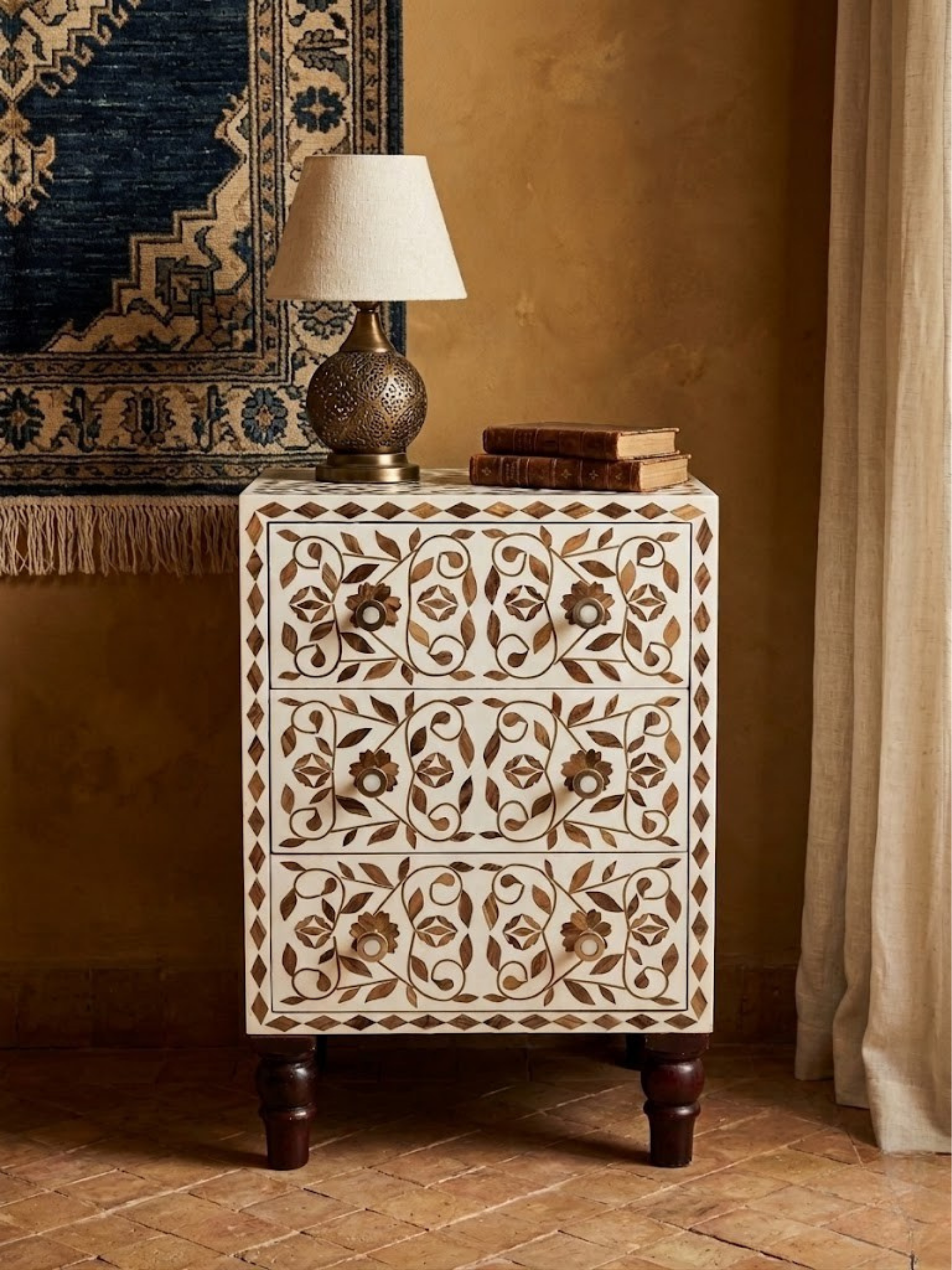 Handmade Wooden Inlay Resin End Table | Floral Pattern Bedside Table | Luxury Accent Furniture | Wood Inlay Resin Nightstand