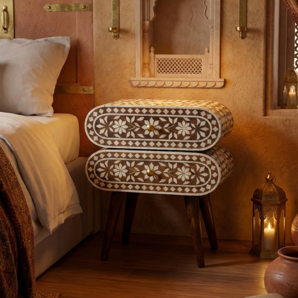 Handcrafted Bone Inlay and Resin Floral Nightstand | Modern Accent Table