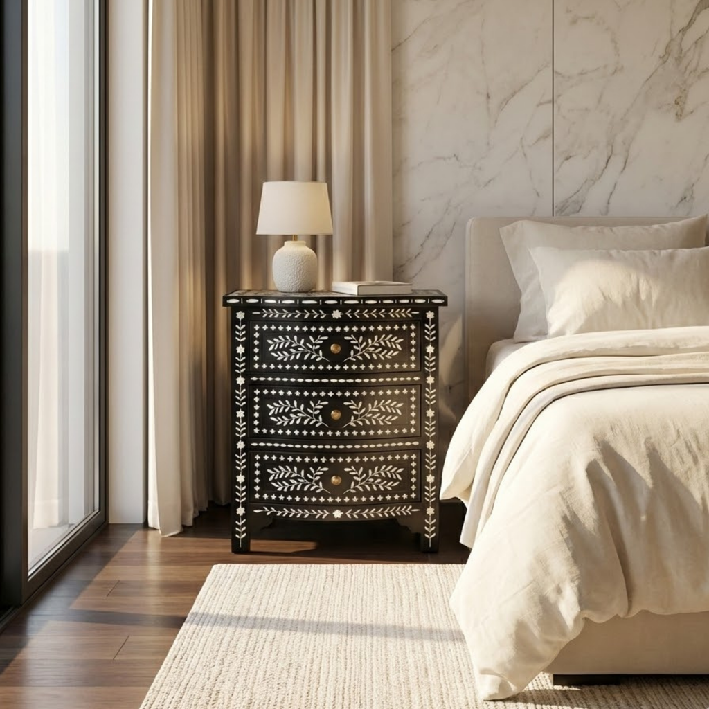 Blue Bone Inlay End Table | Handmade Resin Bedside Table | Luxury Bedroom Furniture