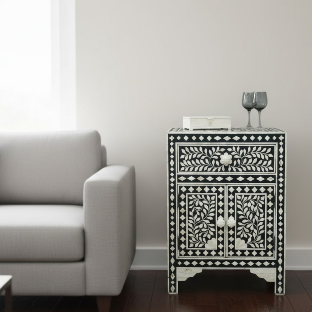 Floral Bone Inlay Nightstand: Handcrafted Moroccan Bedside Table