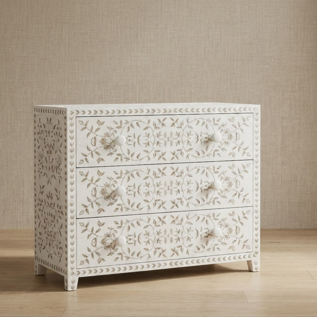 Handmade Mother of Pearl Inlay Dresser | Floral Resin Chest of Drawers