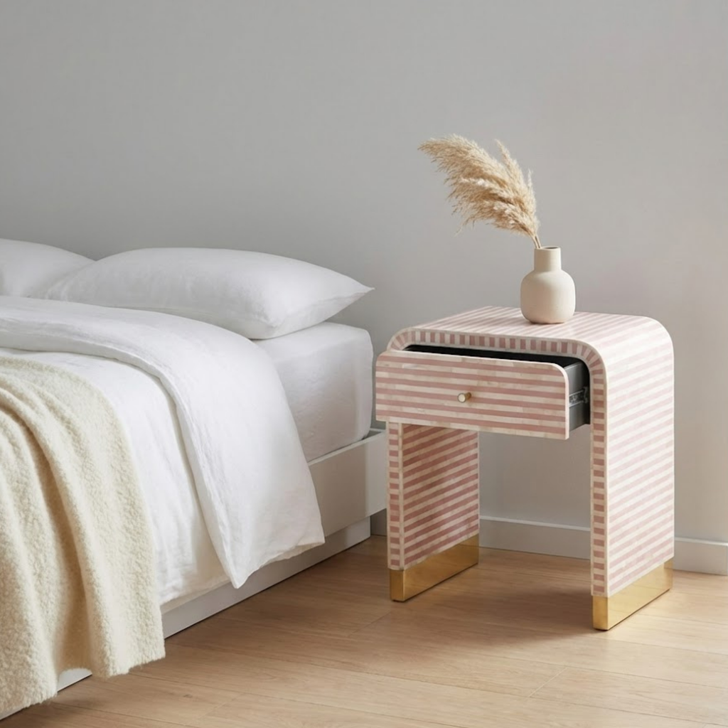 Handcrafted Bone Inlay & Resin End Table | Modern Stripe Nightstand | Luxury Decor | Designer Furniture