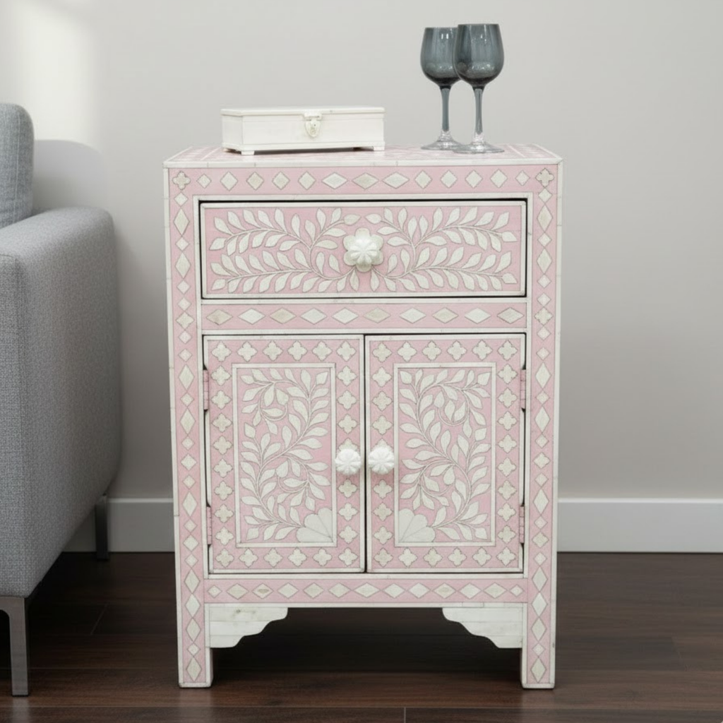 Floral Bone Inlay Nightstand: Handcrafted Moroccan Bedside Table