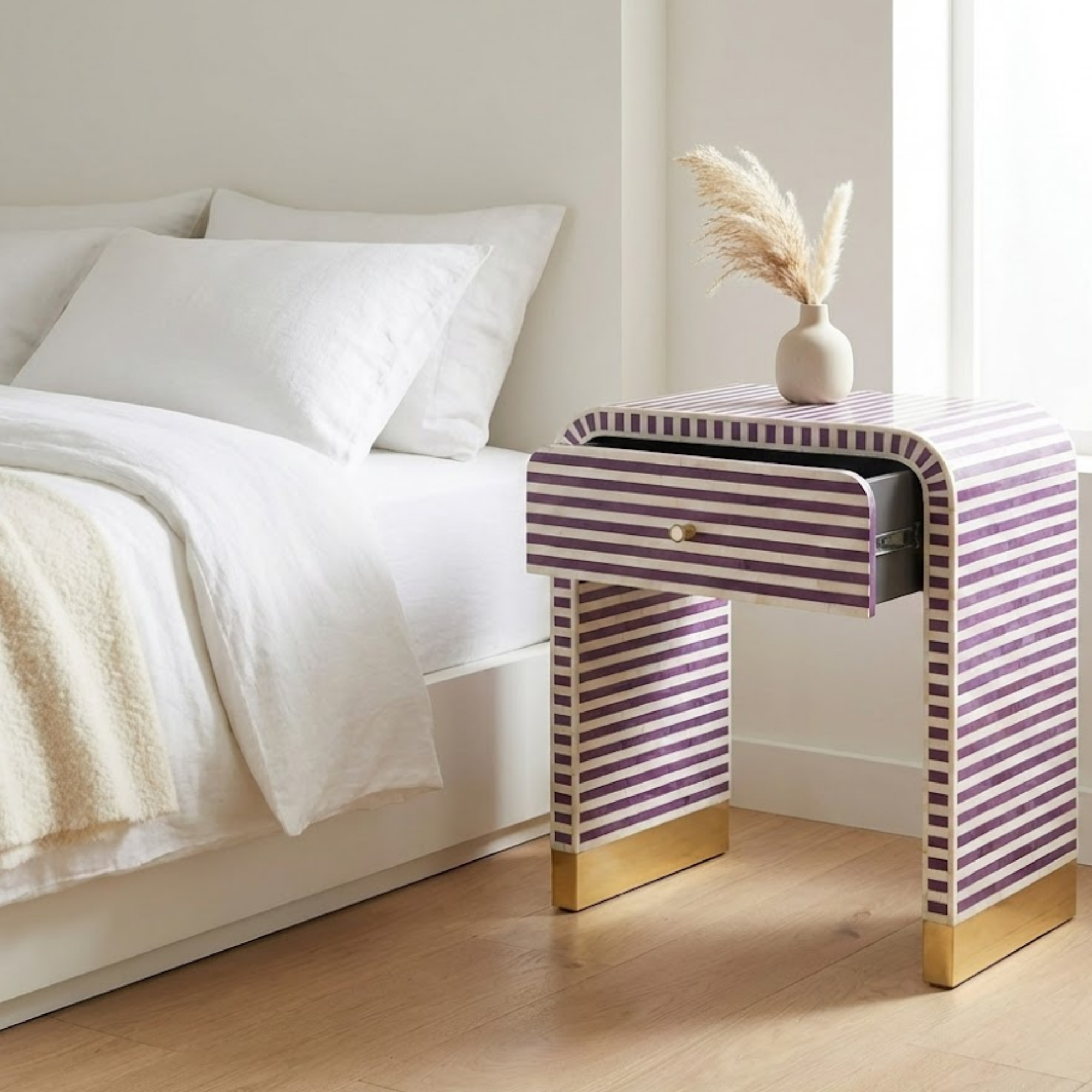 Handcrafted Bone Inlay & Resin End Table | Modern Stripe Nightstand | Luxury Decor | Designer Furniture