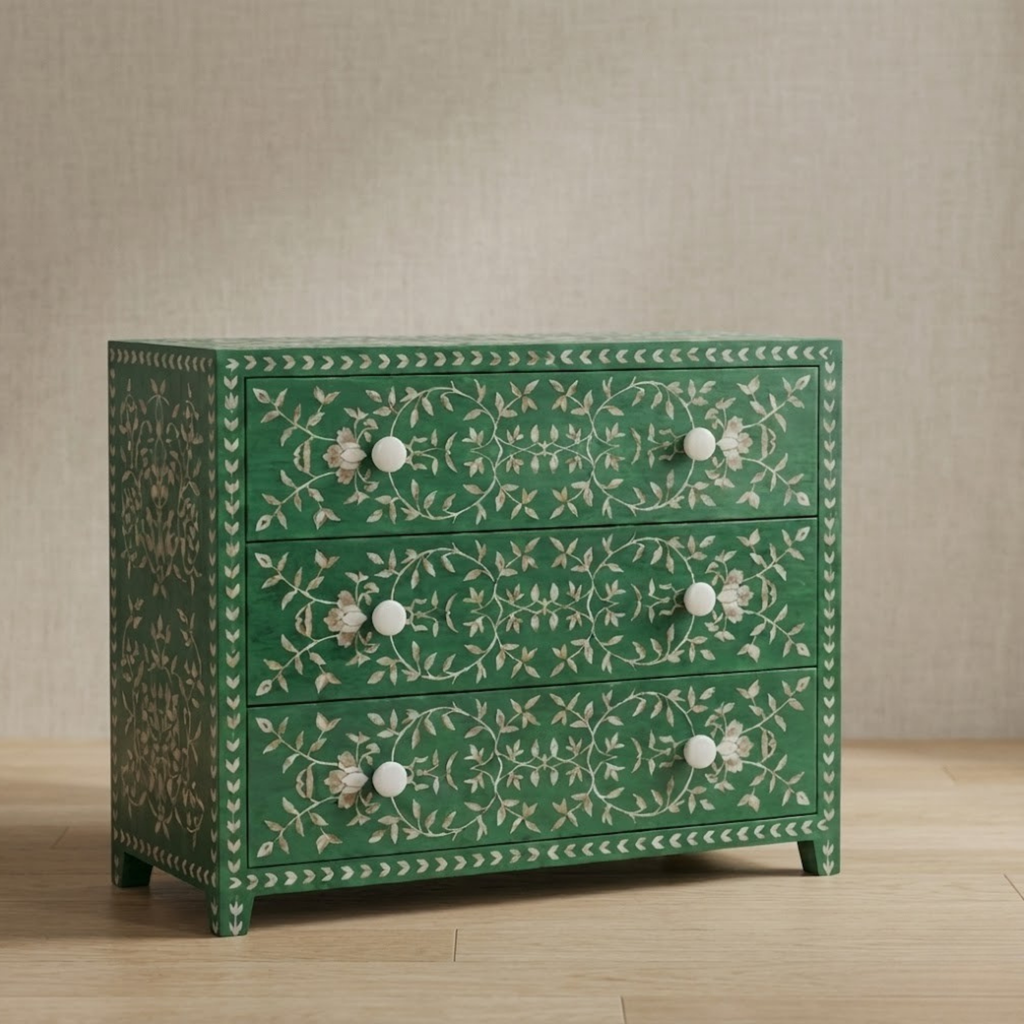 Handmade Mother of Pearl Inlay Dresser | Floral Resin Chest of Drawers