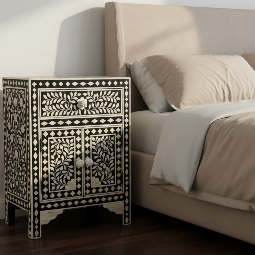 Floral Bone Inlay Nightstand: Handcrafted Moroccan Bedside Table