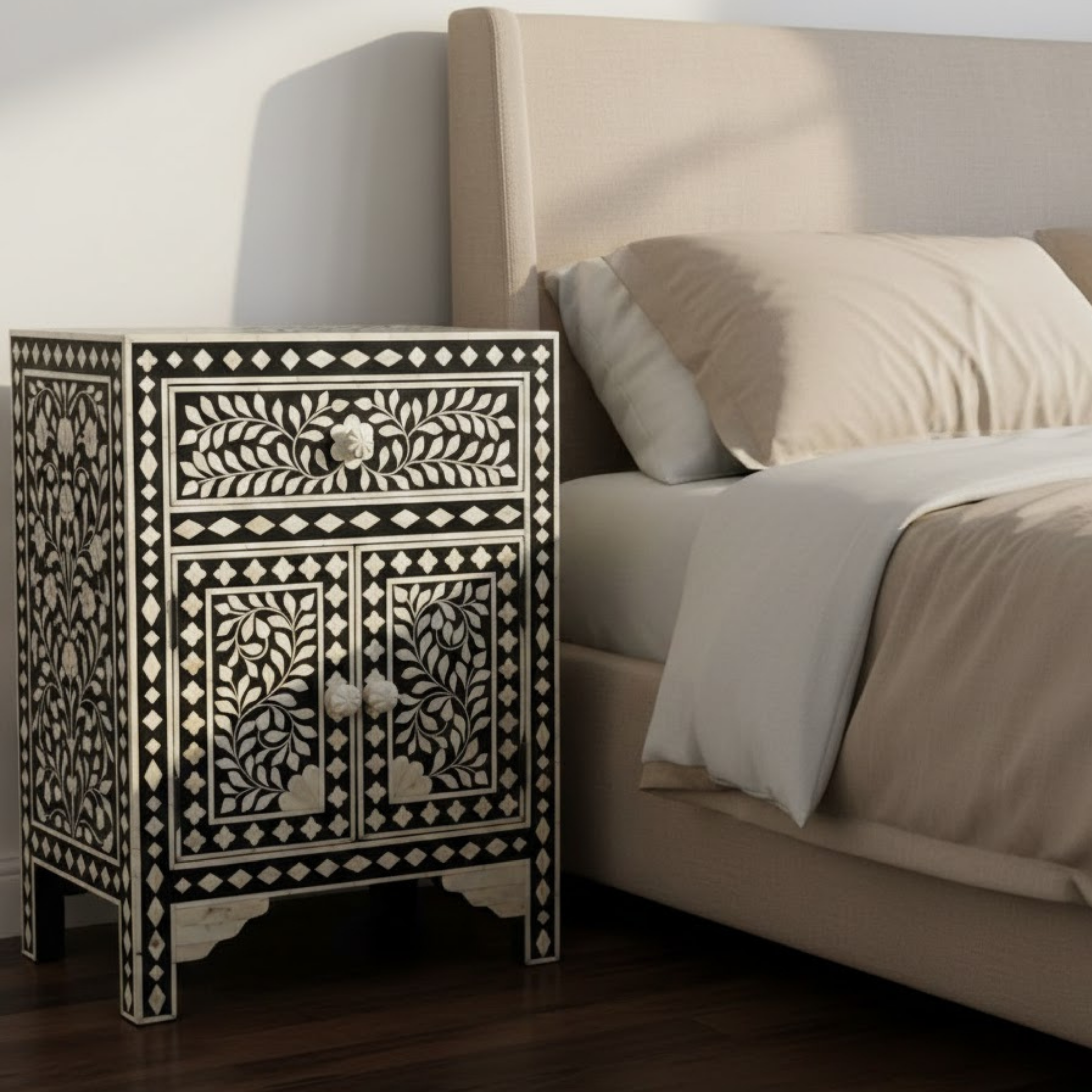Floral Bone Inlay Nightstand: Handcrafted Moroccan Bedside Table