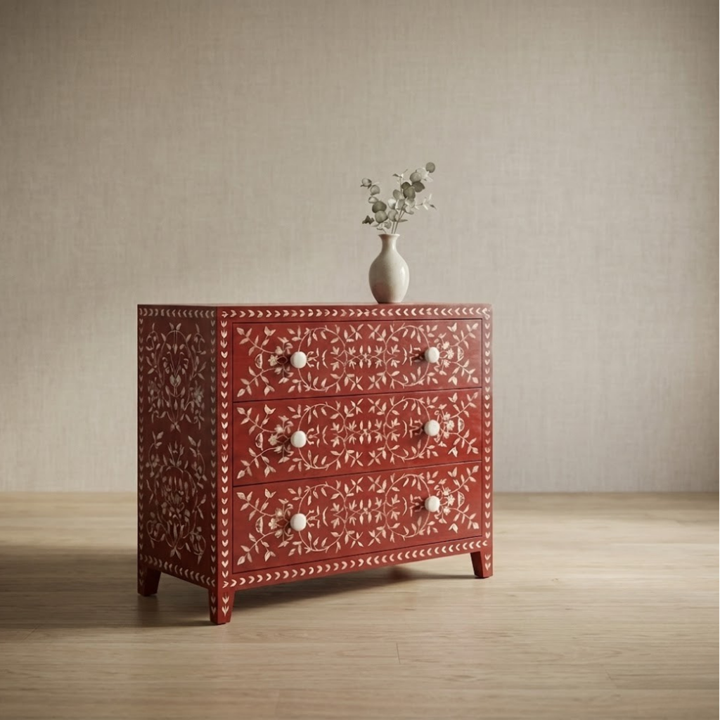 Handmade Mother of Pearl Inlay Dresser | Floral Resin Chest of Drawers