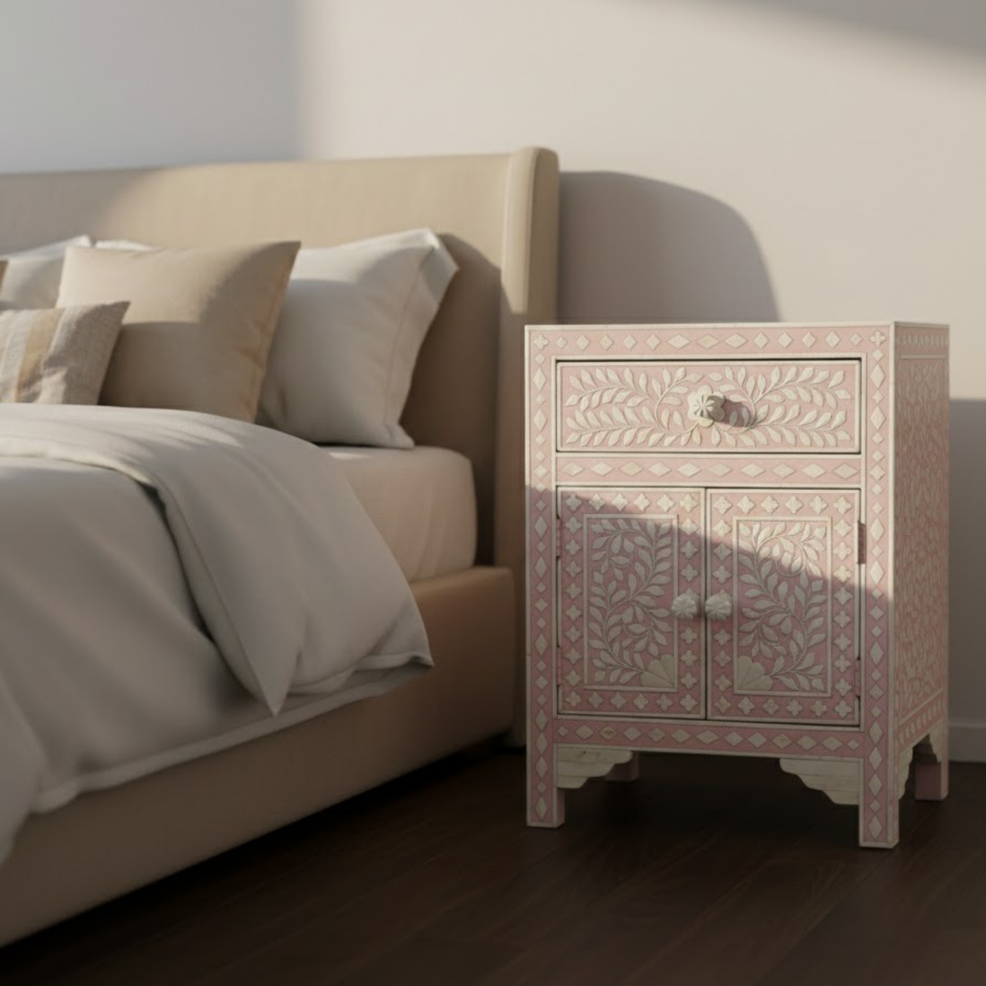 Floral Bone Inlay Nightstand: Handcrafted Moroccan Bedside Table