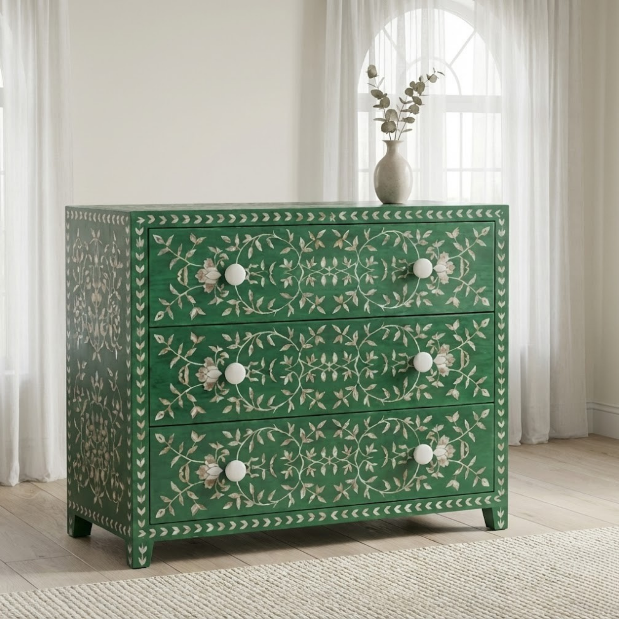 Handmade Mother of Pearl Inlay Dresser | Floral Resin Chest of Drawers