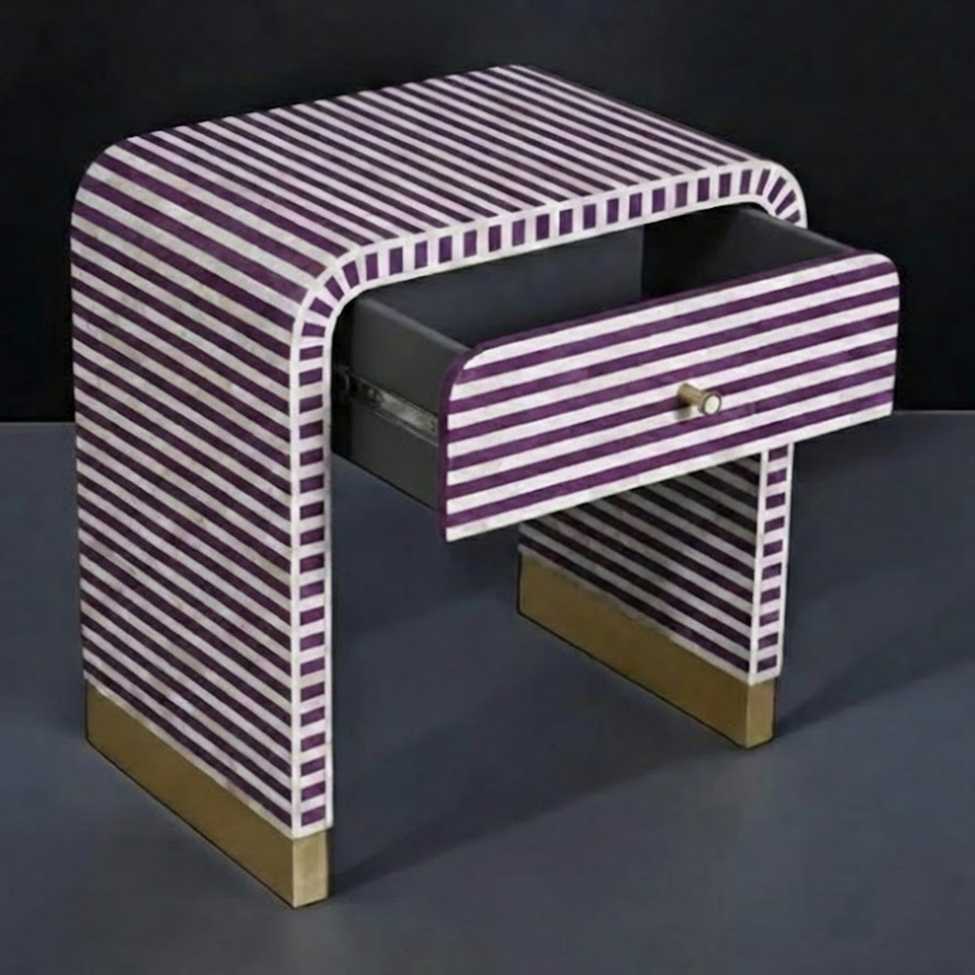 Handcrafted Bone Inlay & Resin End Table | Modern Stripe Nightstand | Luxury Decor | Designer Furniture