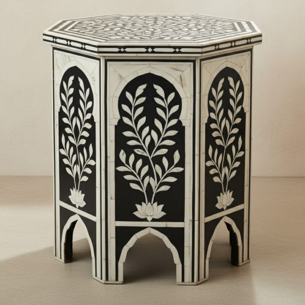 Handcrafted Bone Inlay Resin End Table | Decorative Side Table | Home Decor | Floral Arch Accent Table