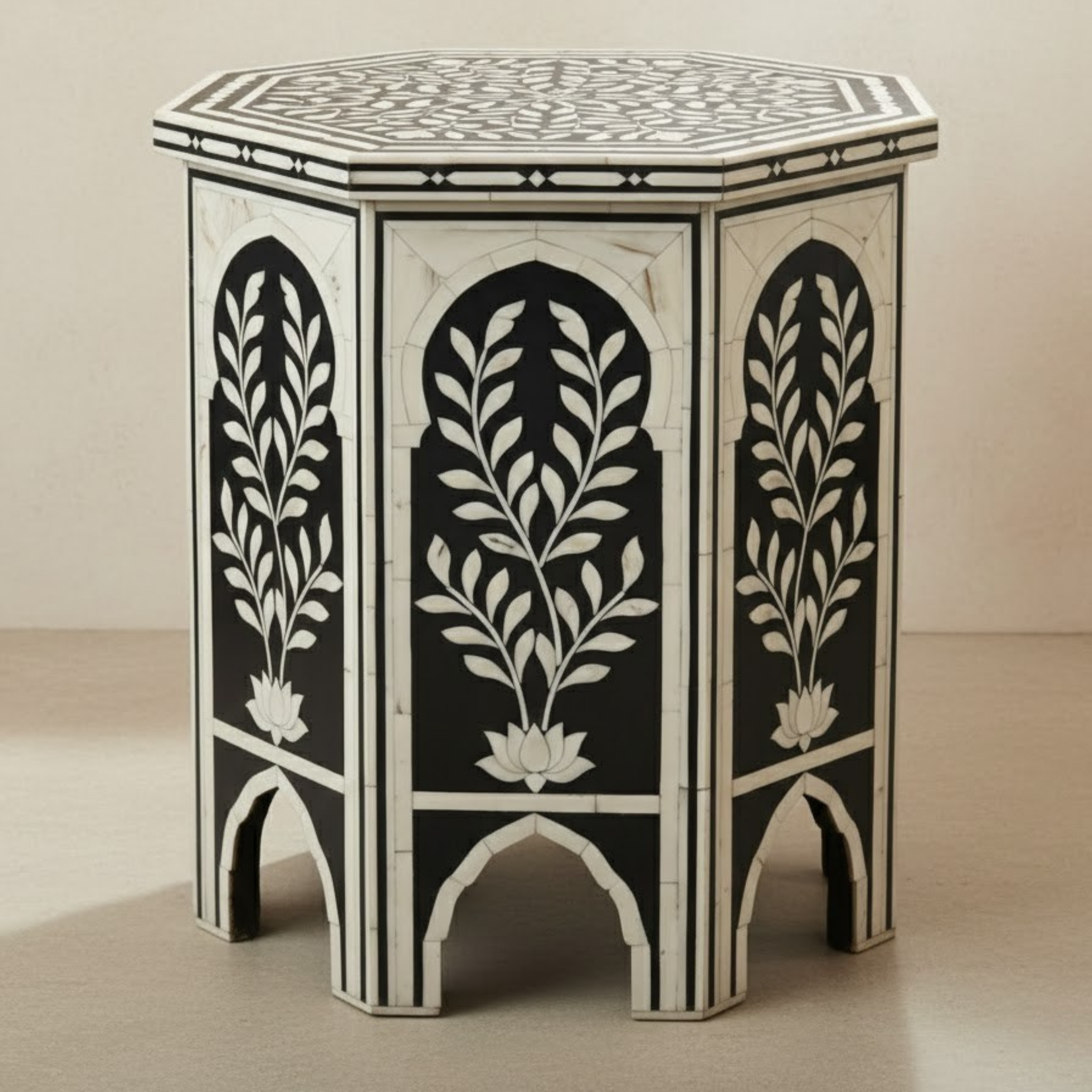 Handcrafted Bone Inlay Resin End Table | Decorative Side Table | Home Decor | Floral Arch Accent Table