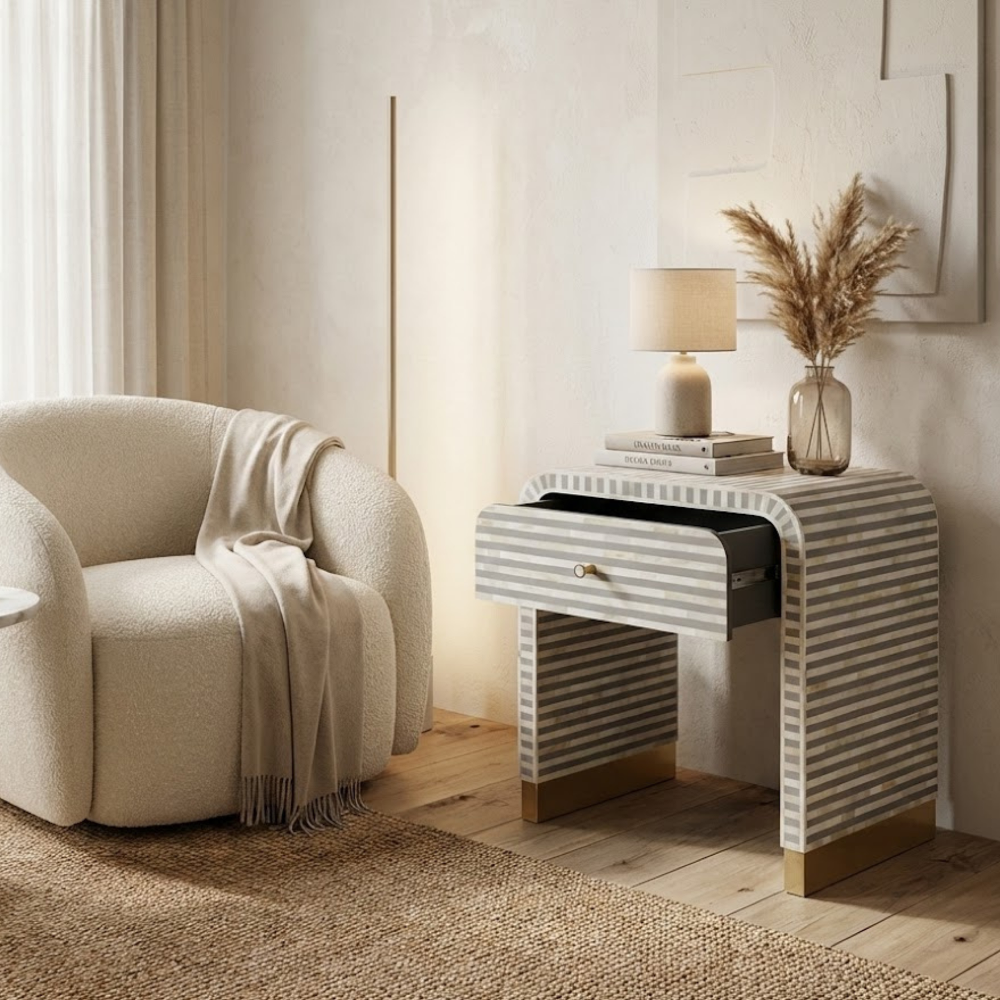 Handcrafted Bone Inlay & Resin End Table | Modern Geometric Nightstand | Luxury Decor | Designer Furniture
