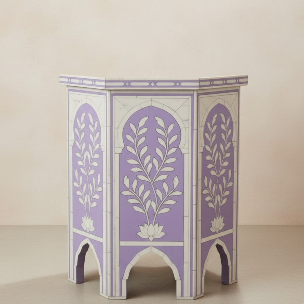 Handcrafted Bone Inlay Resin End Table | Decorative Side Table | Home Decor | Floral Arch Accent Table