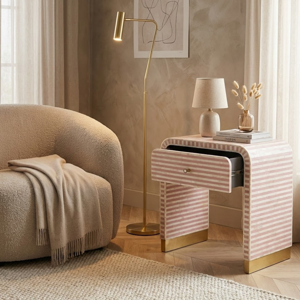 Handcrafted Bone Inlay & Resin End Table | Modern Stripe Nightstand | Luxury Decor | Designer Furniture