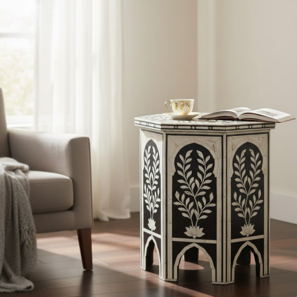 Handcrafted Bone Inlay Resin End Table | Decorative Side Table | Home Decor | Floral Arch Accent Table