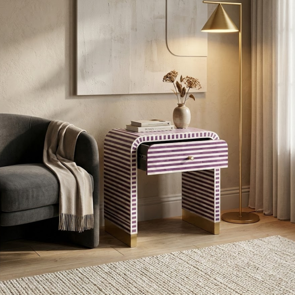 Handcrafted Bone Inlay & Resin End Table | Modern Stripe Nightstand | Luxury Decor | Designer Furniture