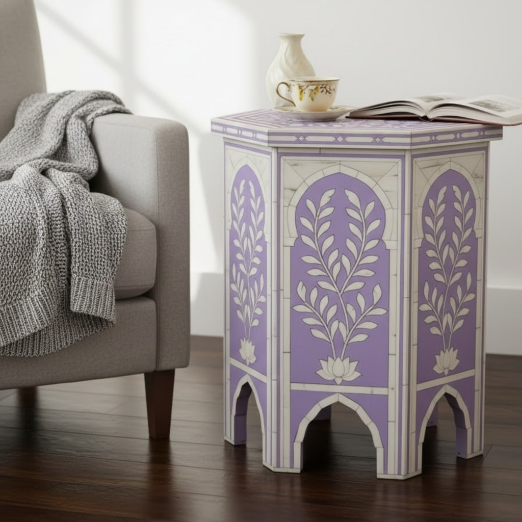 Handcrafted Bone Inlay Resin End Table | Decorative Side Table | Home Decor | Floral Arch Accent Table