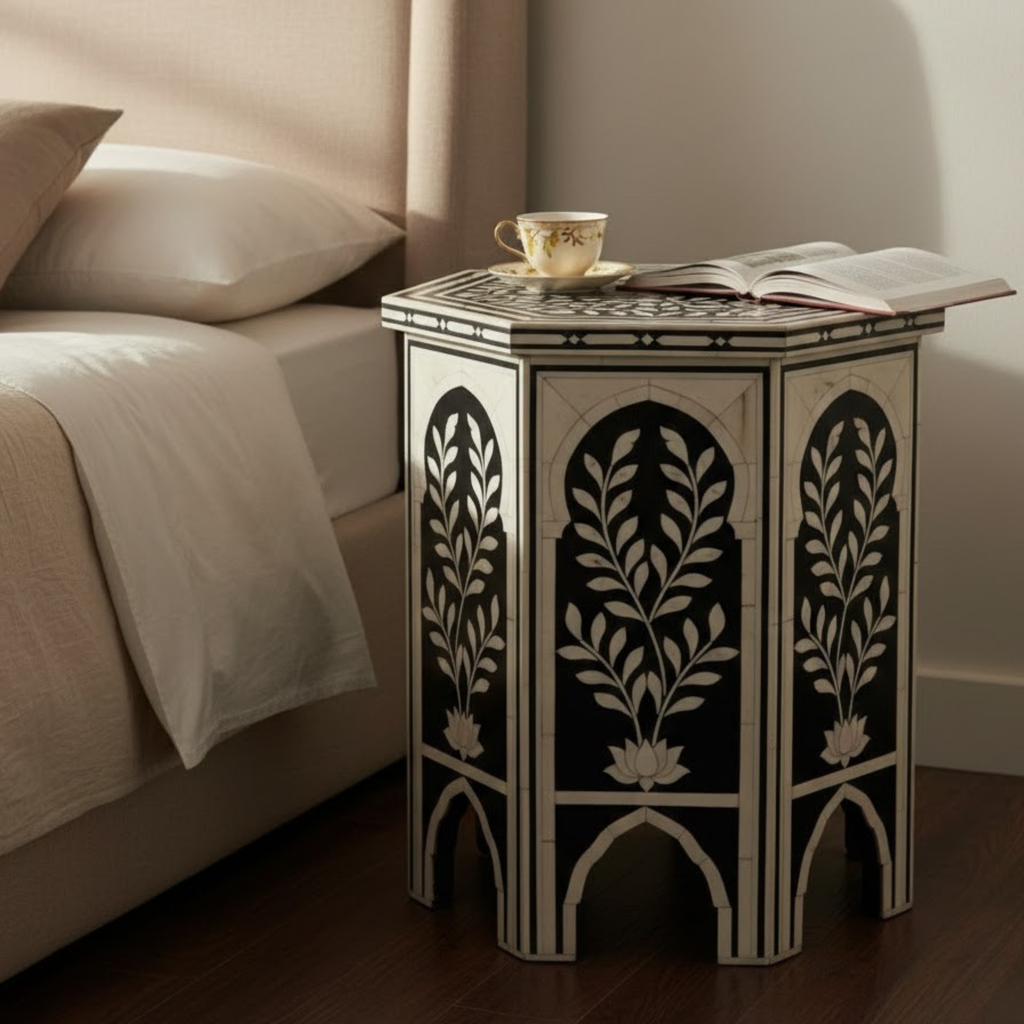 Handcrafted Bone Inlay Resin End Table | Decorative Side Table | Home Decor | Floral Arch Accent Table
