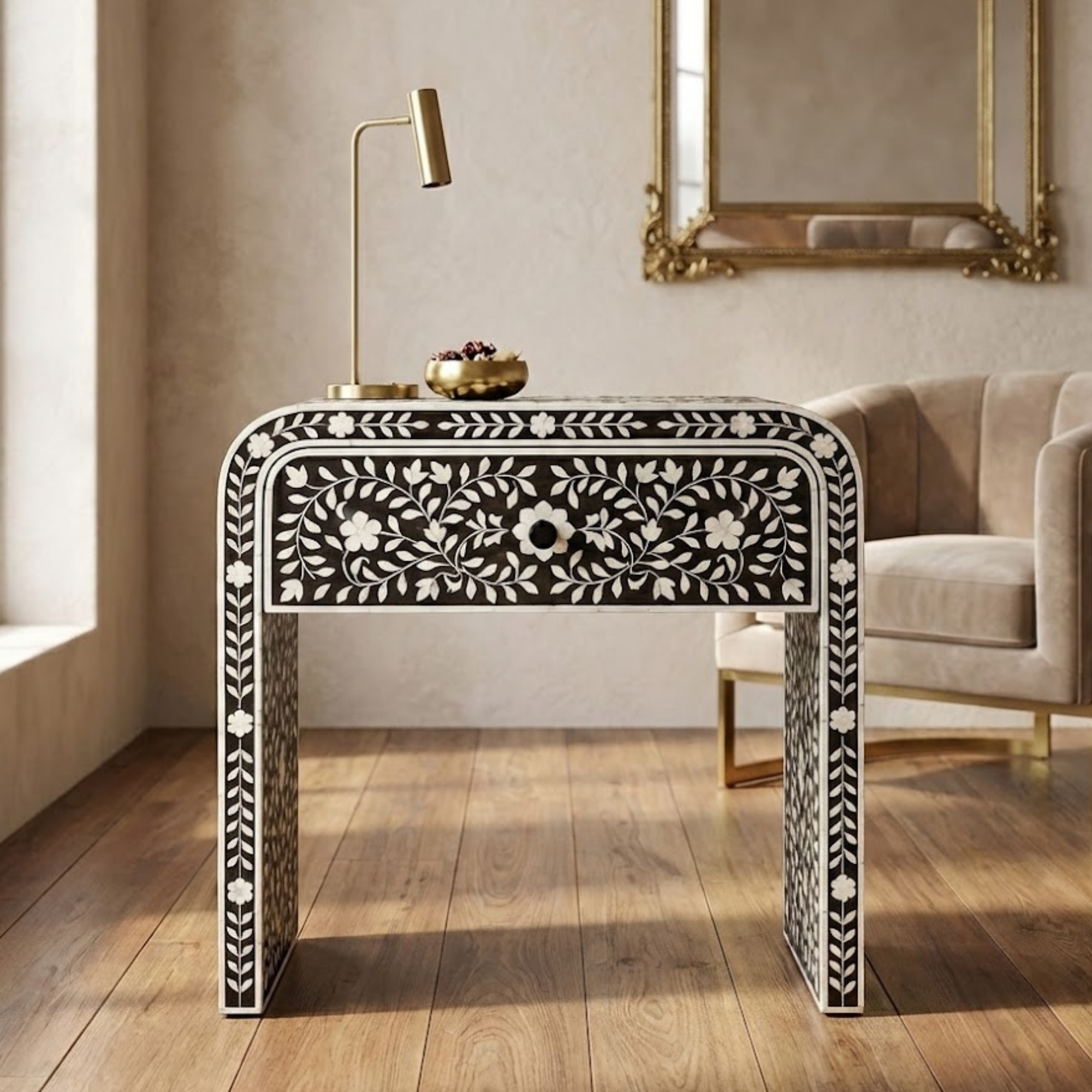 Handcrafted Bone Inlay & Resin End Table | Floral Bedside Nightstand | Luxury Decor