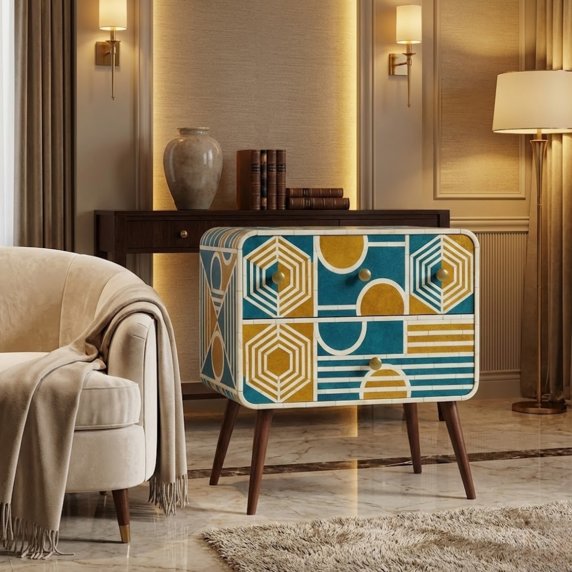 Bone Inlay End Table | Handmade Geometric Resin Accent Nightstand