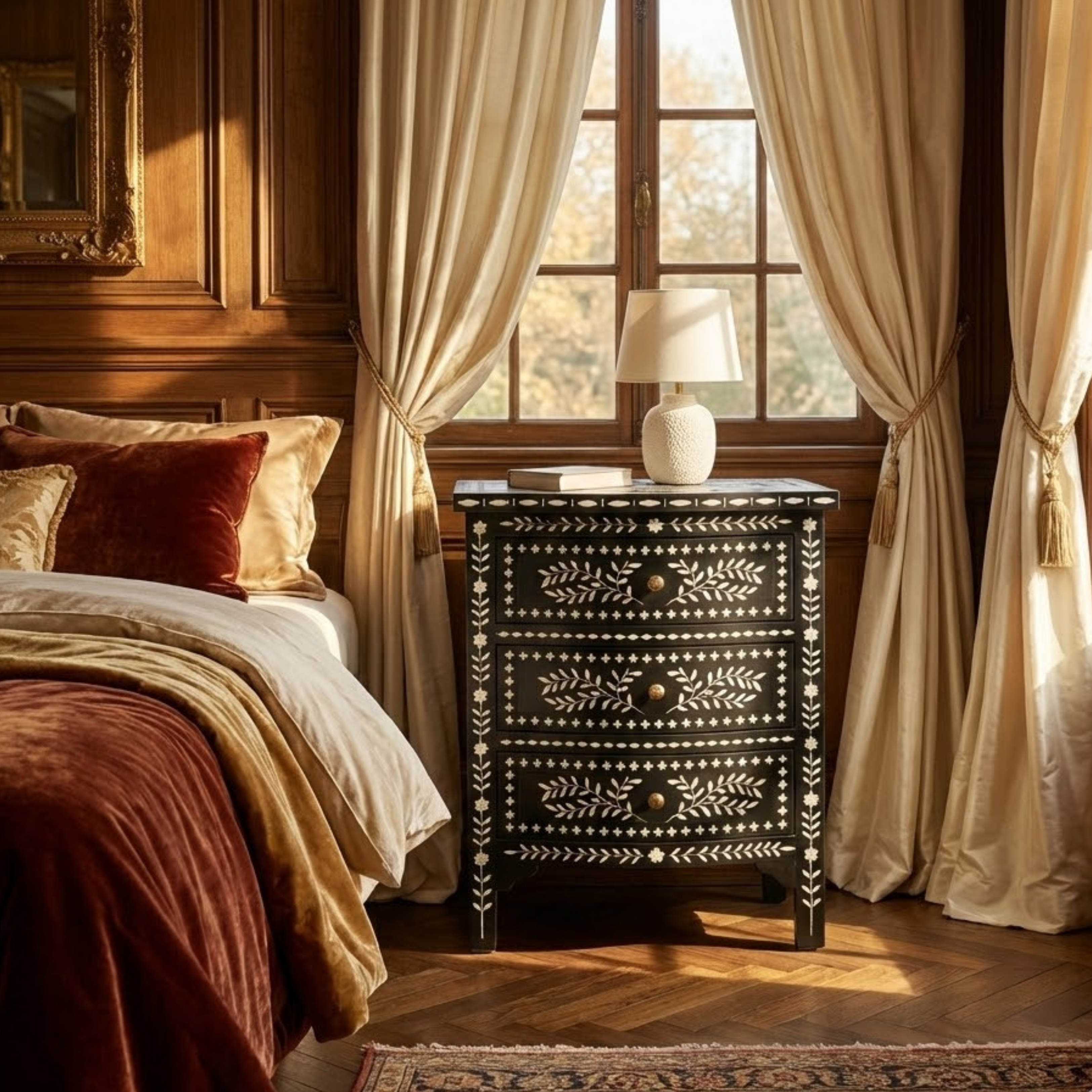 Blue Bone Inlay End Table | Handmade Resin Bedside Table | Luxury Bedroom Furniture