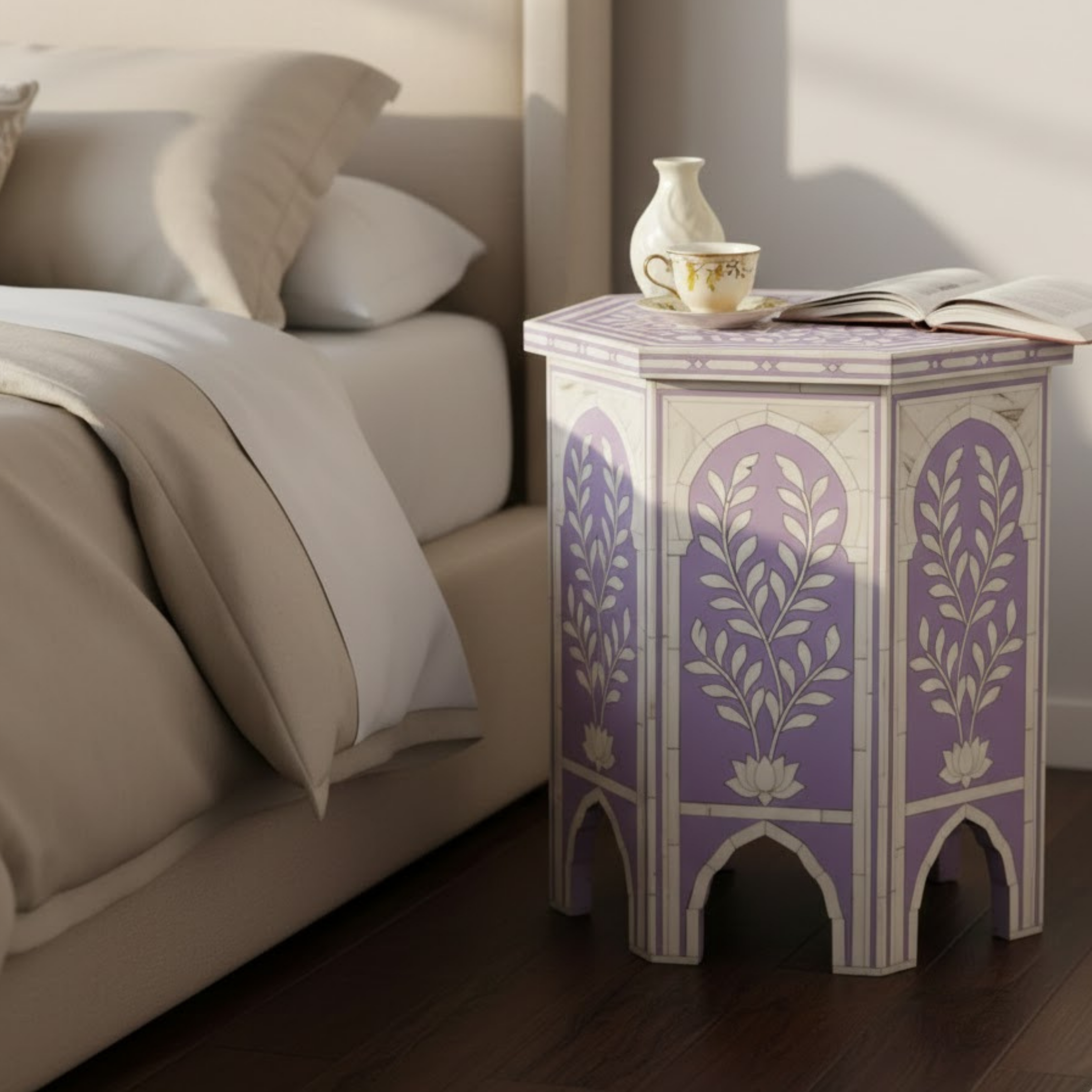 Handcrafted Bone Inlay Resin End Table | Decorative Side Table | Home Decor | Floral Arch Accent Table