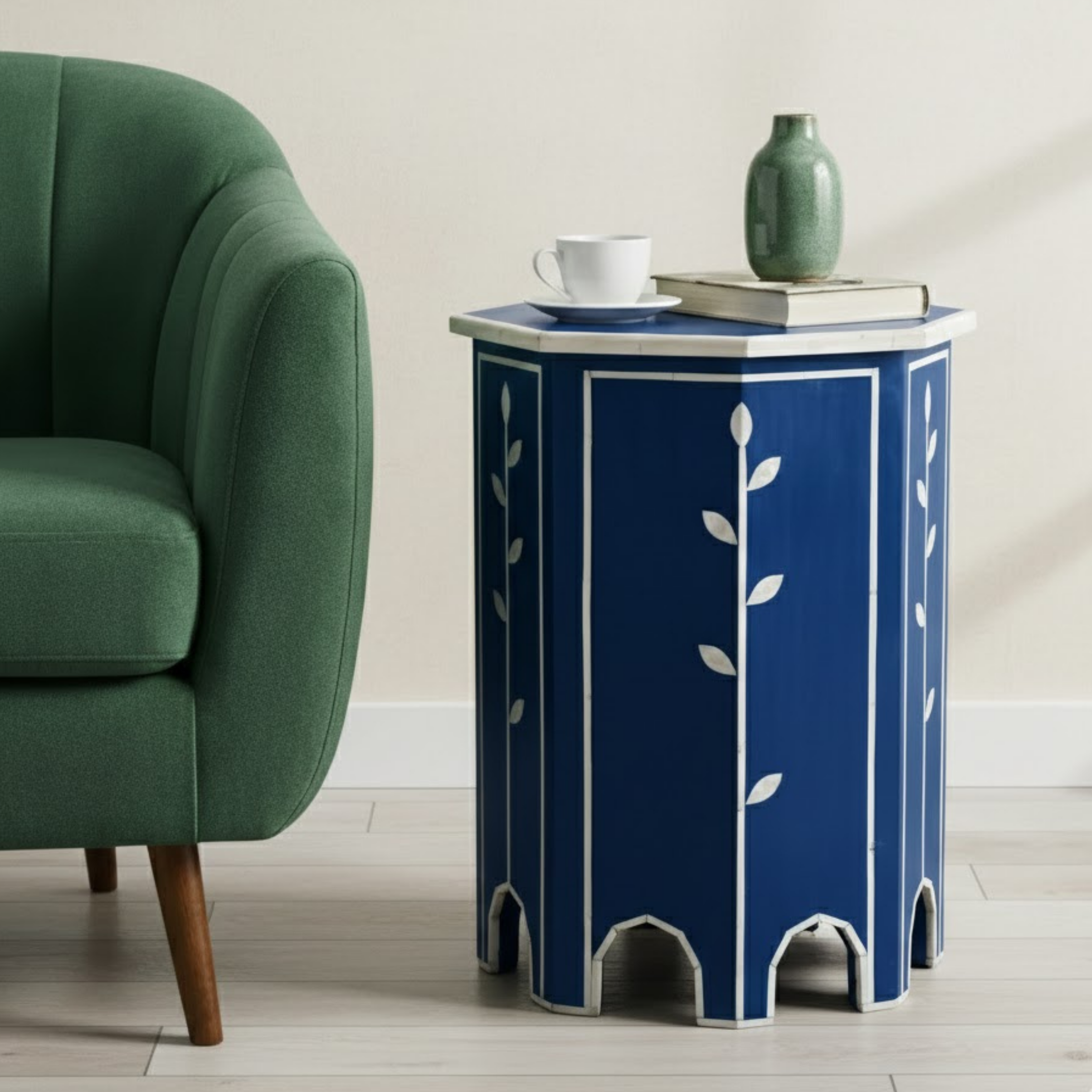 Luxury Bone Inlay End Table with Floral Design | Handmade Resin Side Table for Bedroom & Living Room