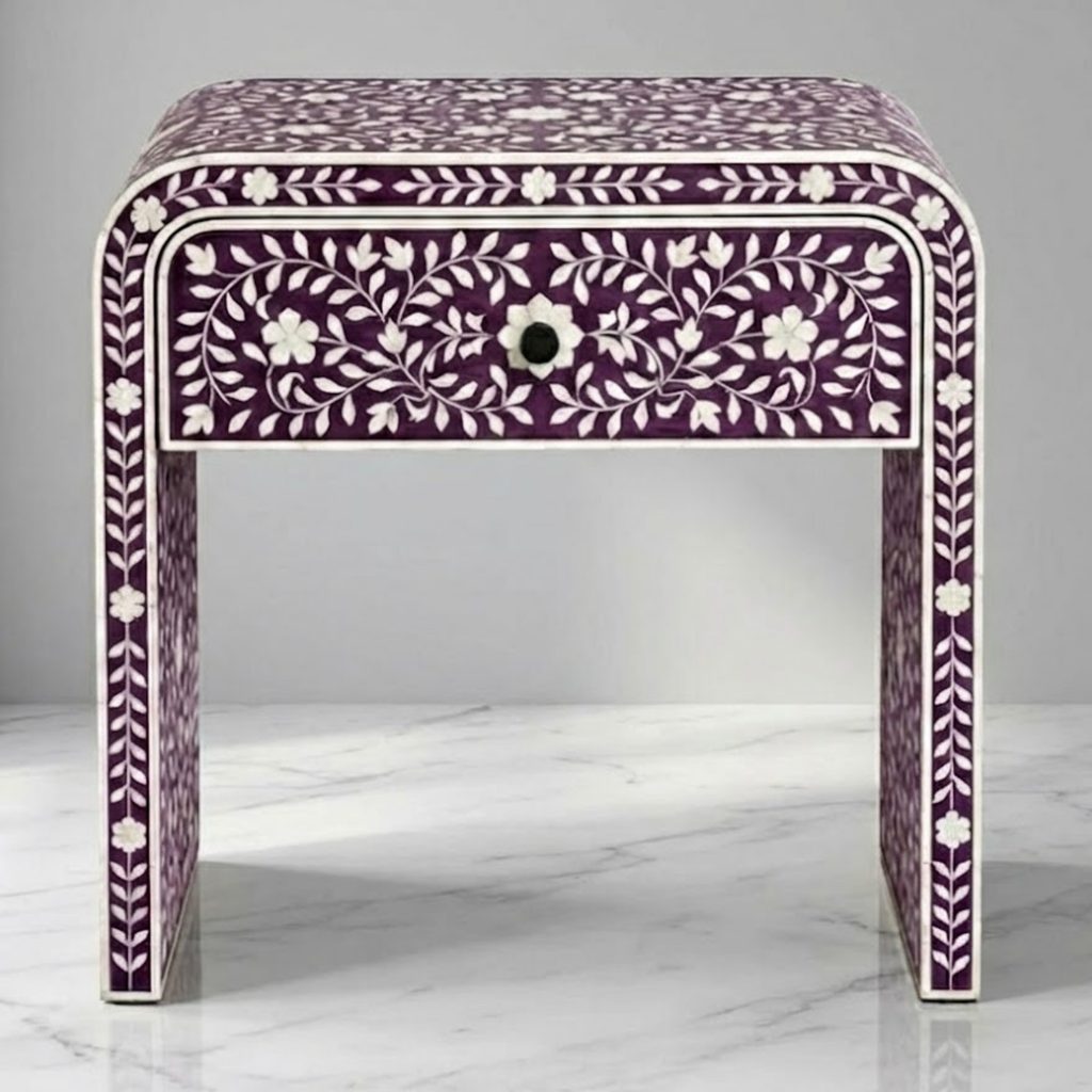 Handcrafted Bone Inlay & Resin End Table | Floral Bedside Nightstand | Luxury Decor