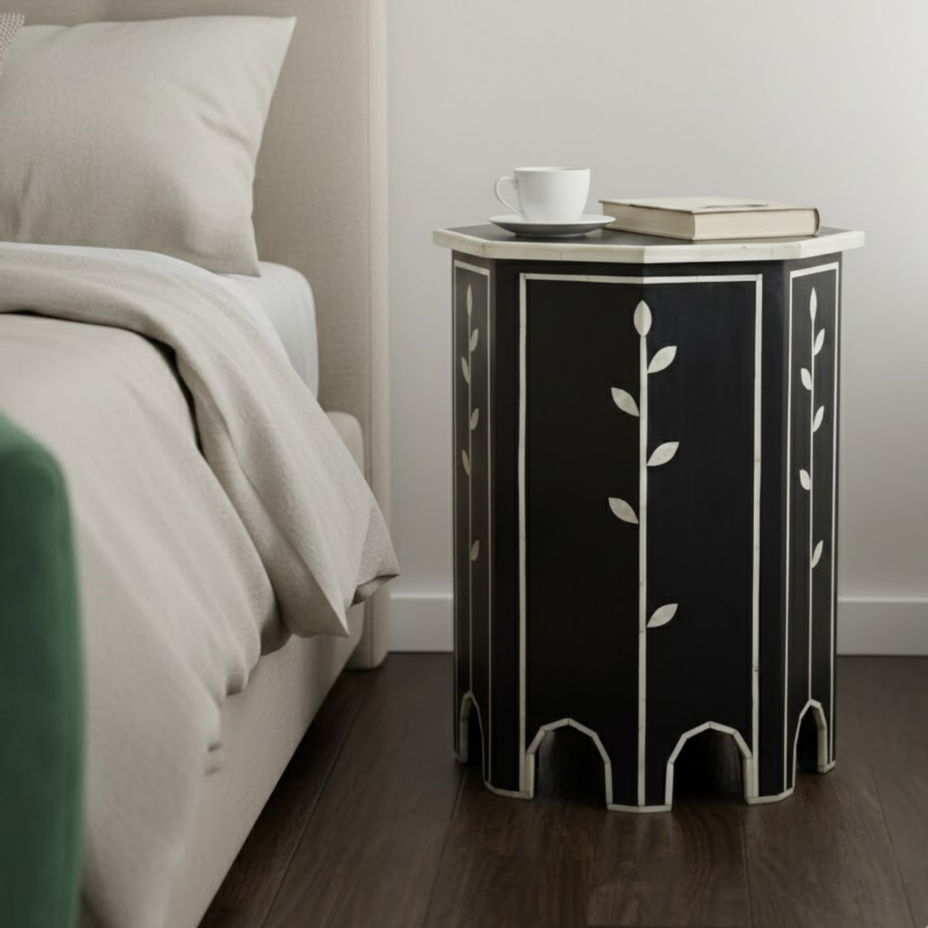 Luxury Bone Inlay End Table with Floral Design | Handmade Resin Side Table for Bedroom & Living Room
