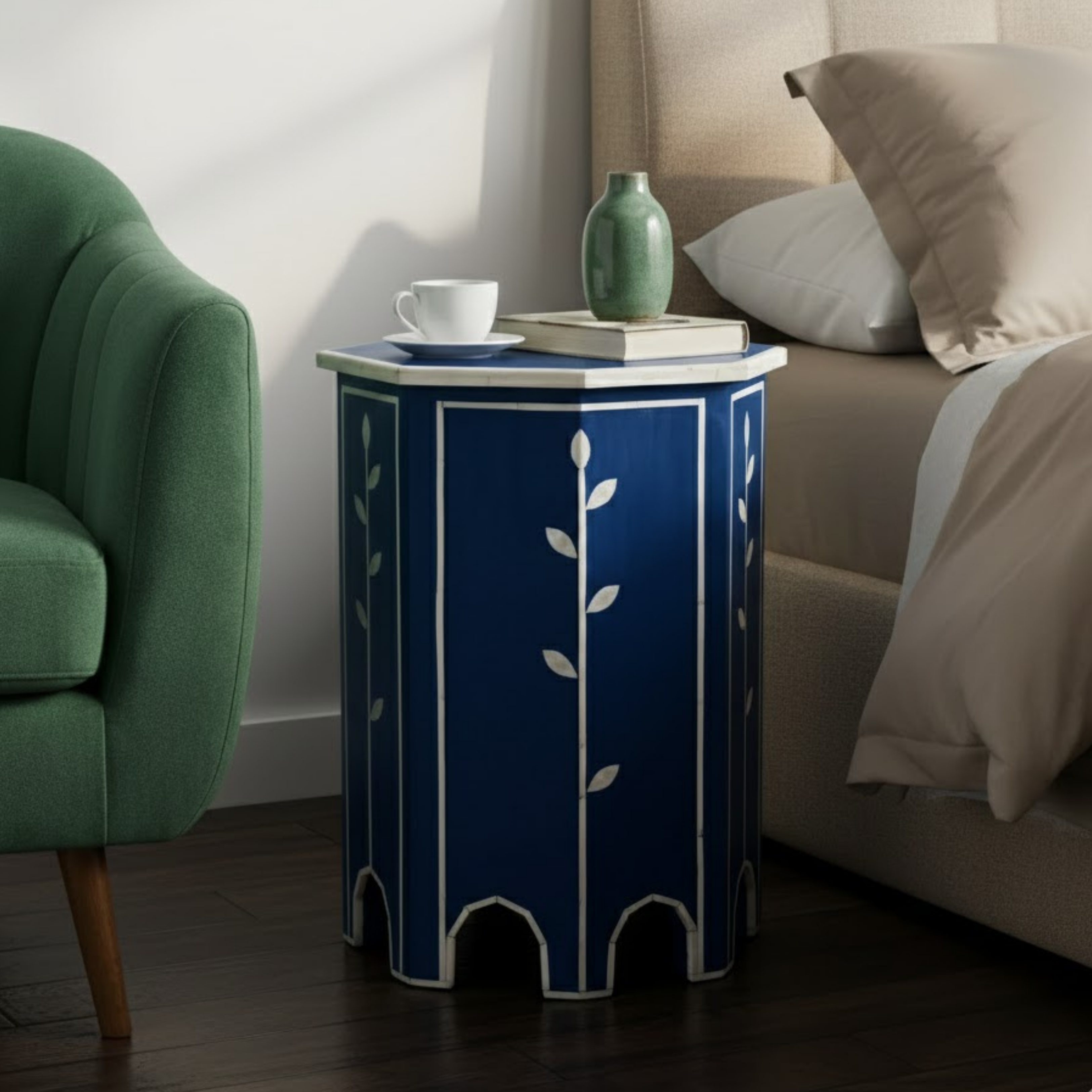 Luxury Bone Inlay End Table with Floral Design | Handmade Resin Side Table for Bedroom & Living Room