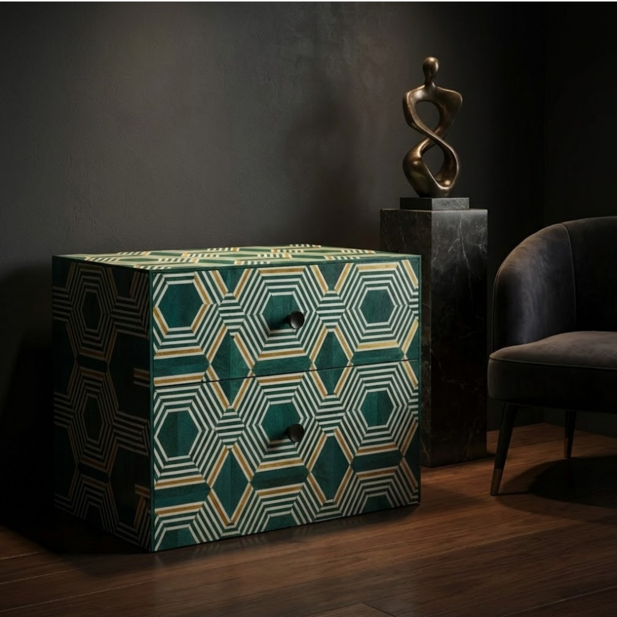 Handmade Green Resin Nightstand | Geometric End Table